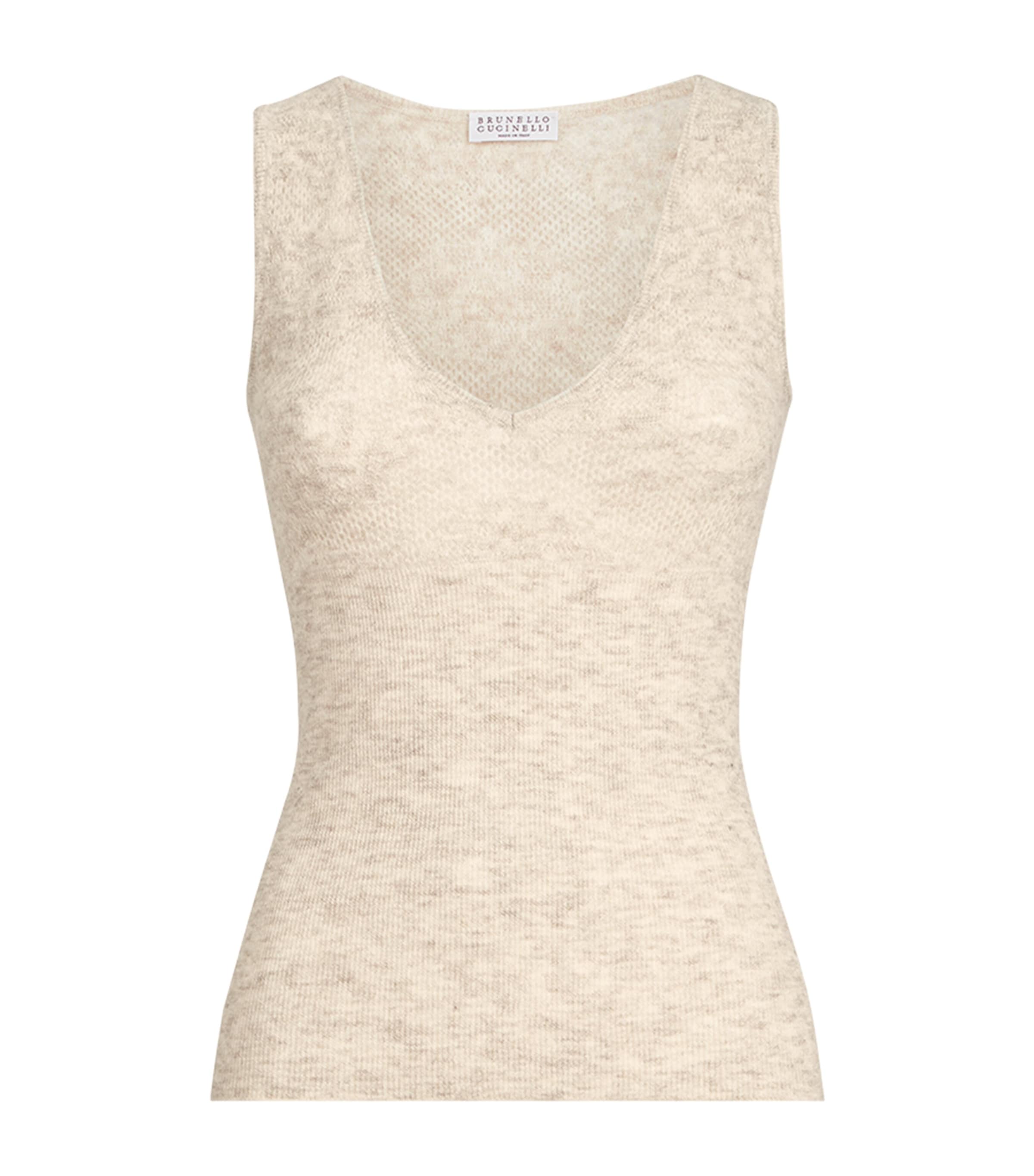 Brunello Cucinelli Womens Silk-Alpaca-Wool Lace-Detail Top Rustic Beige Image 1