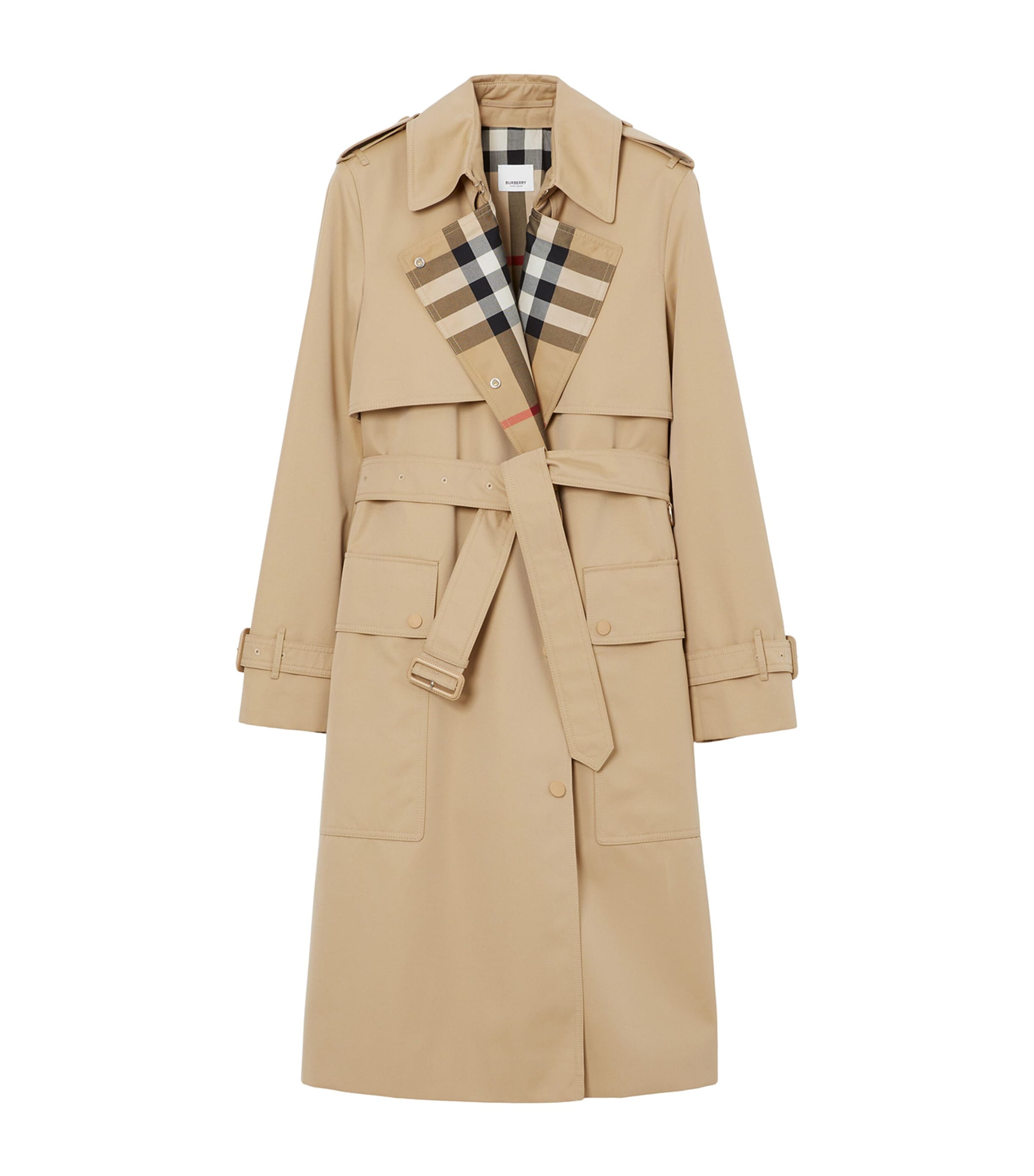 Burberry Cotton Gabardine Check-Collar Trench Coat Honey