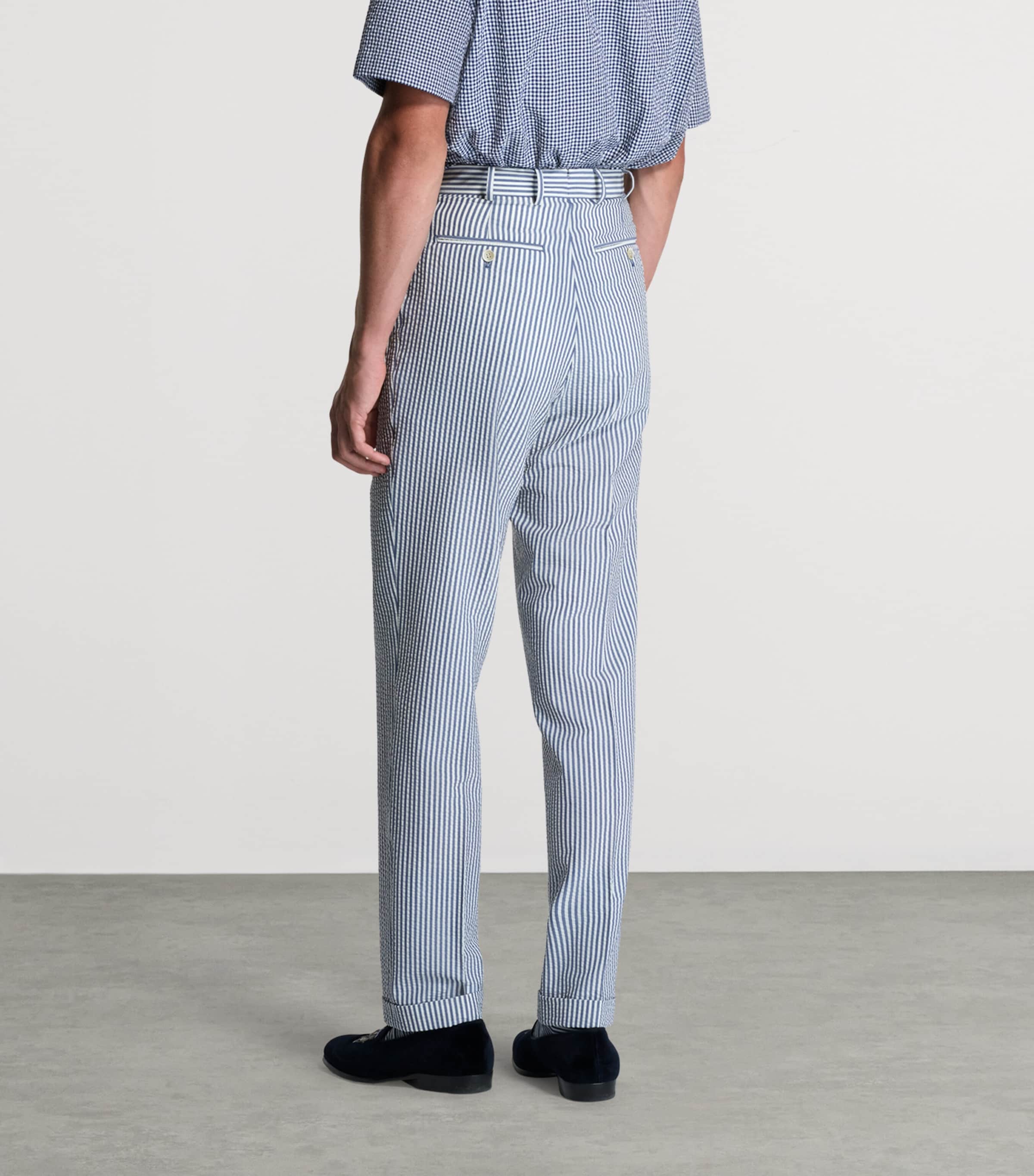 Dunhill Mens Wool-Silk Double-Pleated Stripe Trousers Blue White Image 3