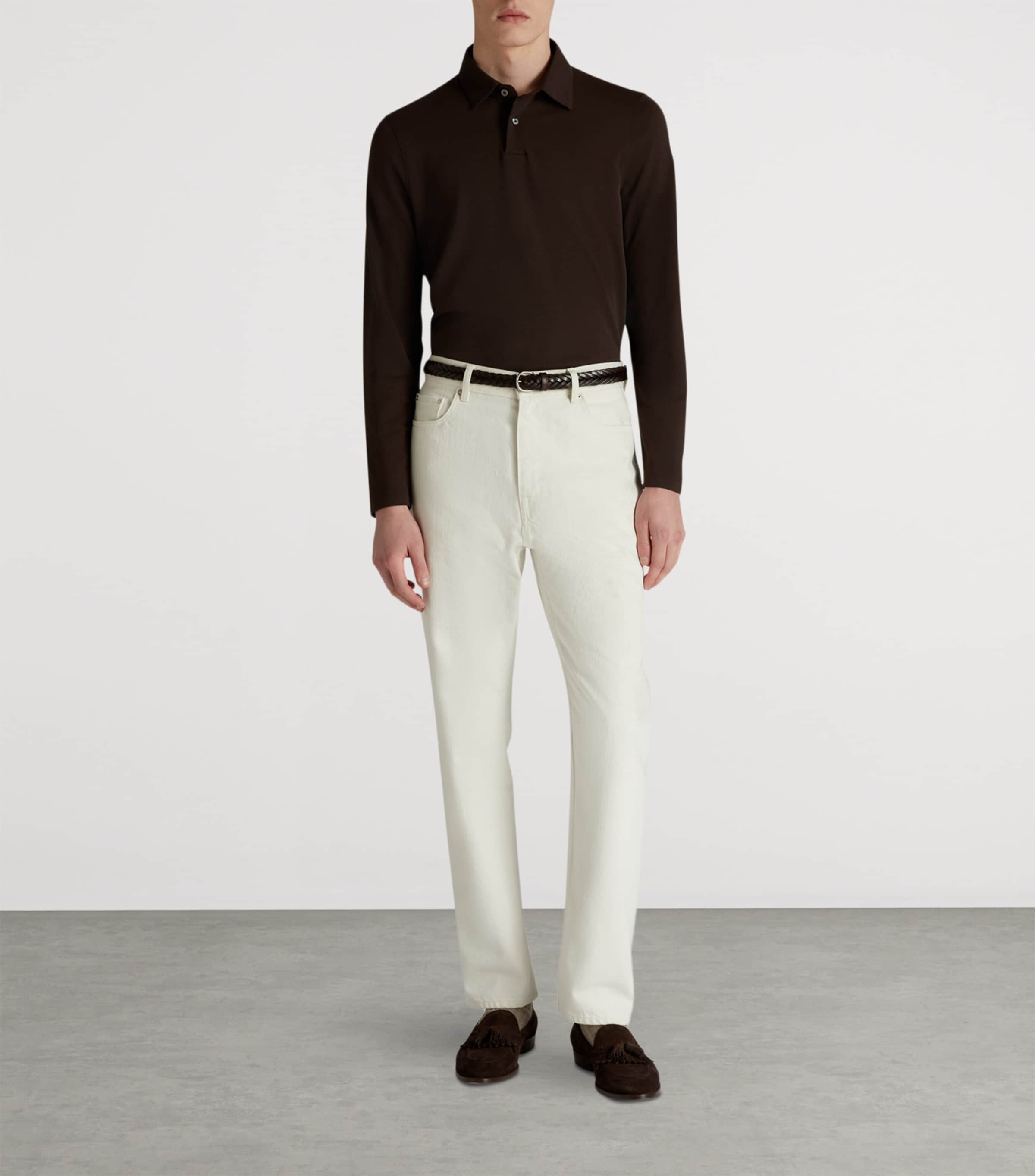 Cotton-Silk Piqué Long-Sleeve Polo Shirt 202CHOCOLATE Image 2