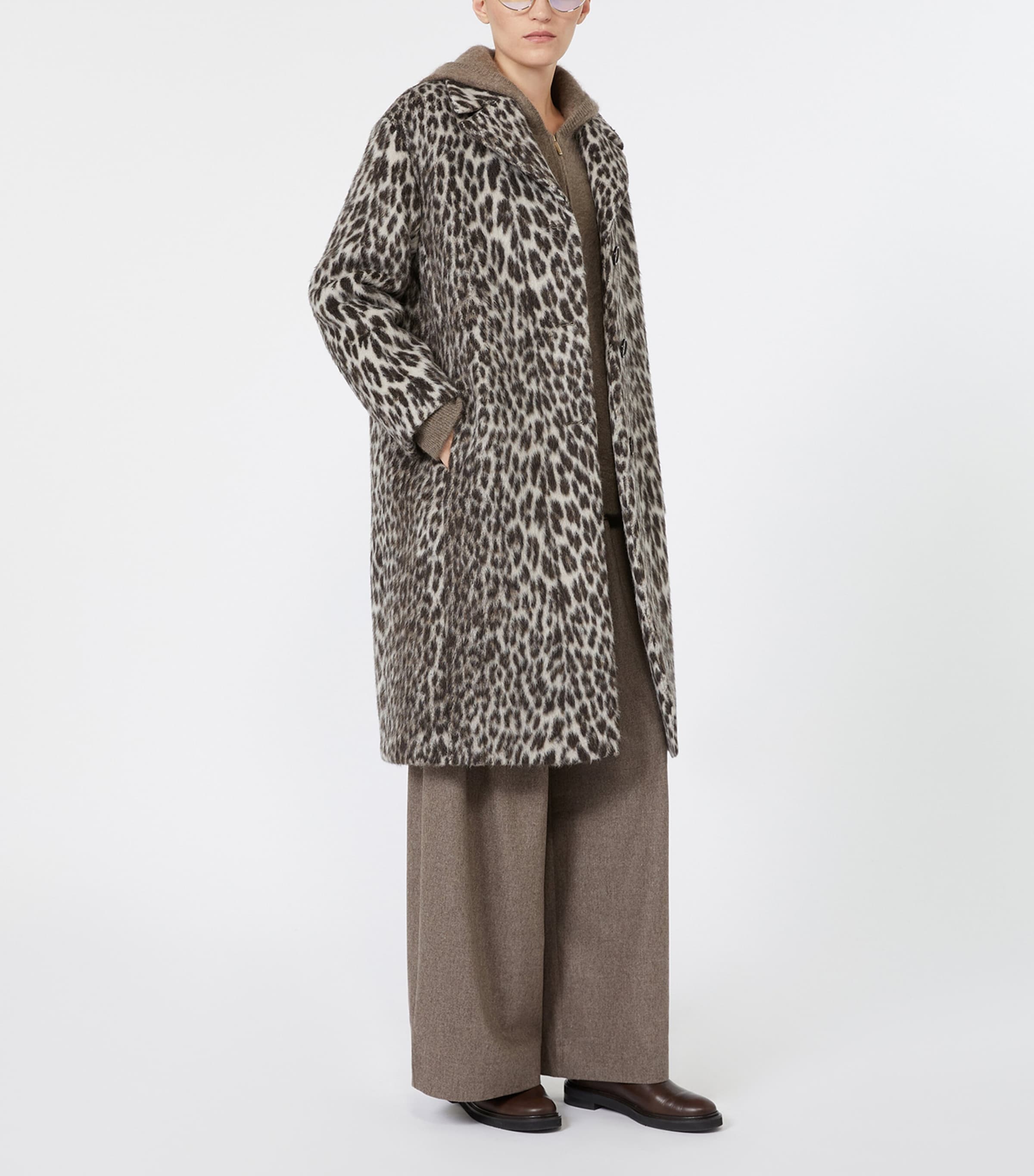 Max Mara Womens Wool-Alpaca Leopard Print Overcoat Ecru Image 2