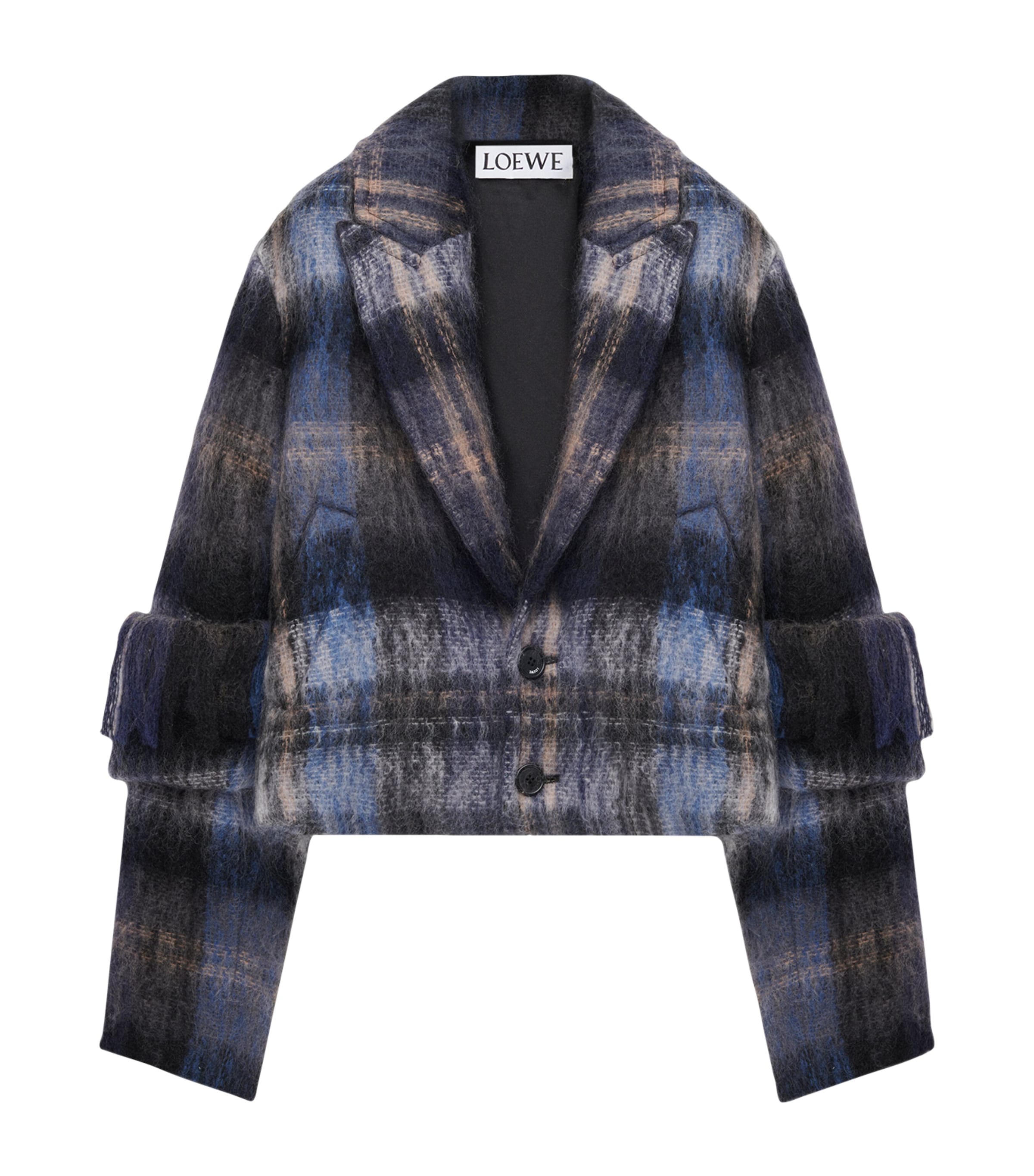 Loewe Mohair-wool Scarf-detail Check Coat In Blue
