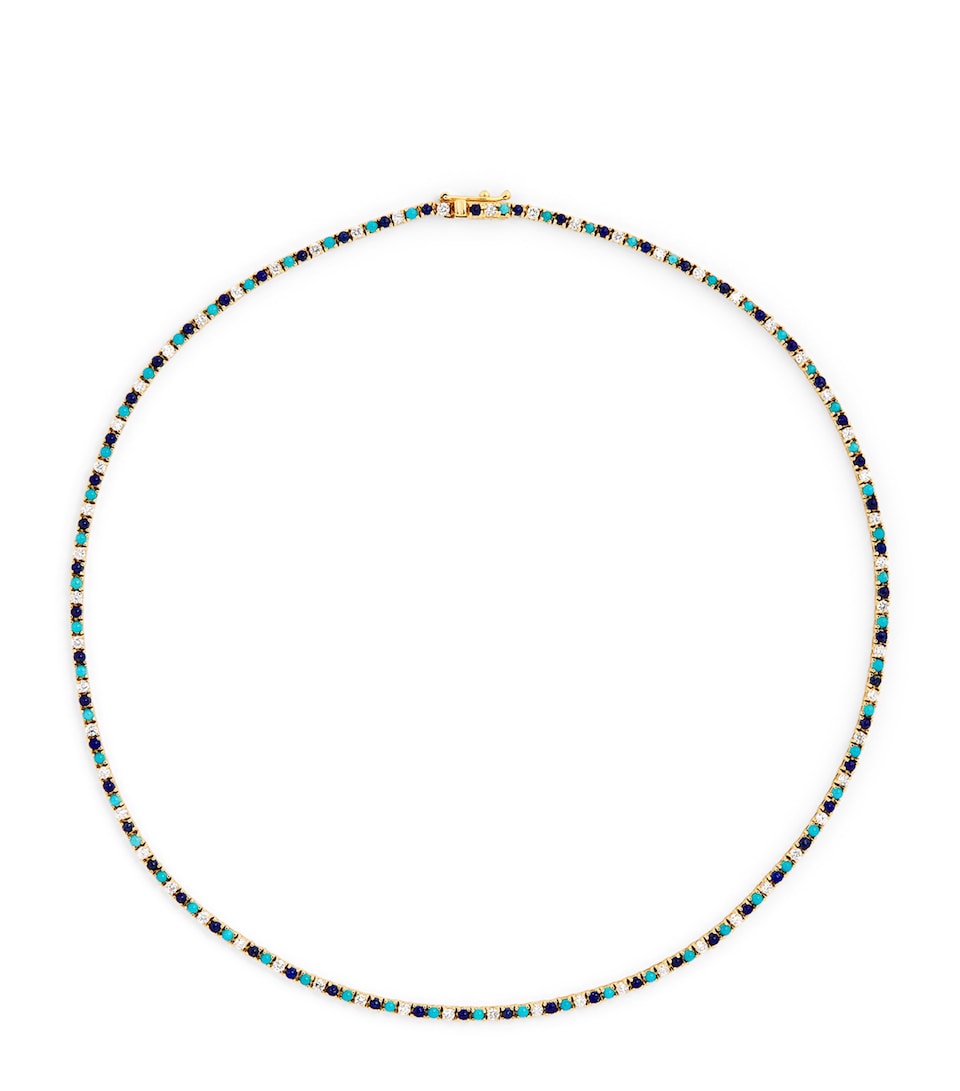 Yellow Gold, Diamond and Turquoise Four-Prong Tennis Bracelet