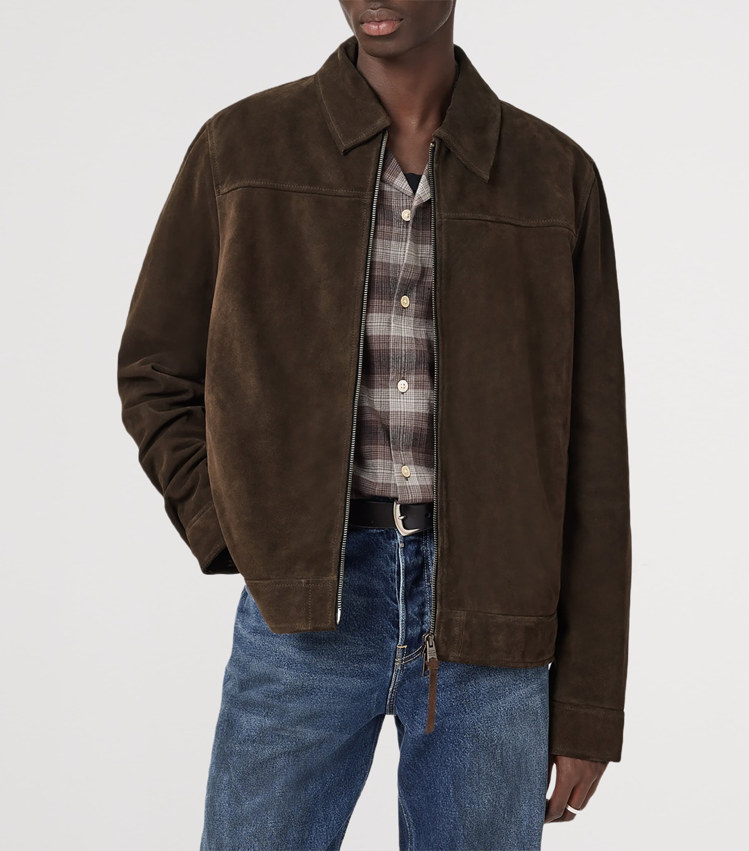 AllSaints Mens Rhone Leather Jacket Cocoa Brown Image 5