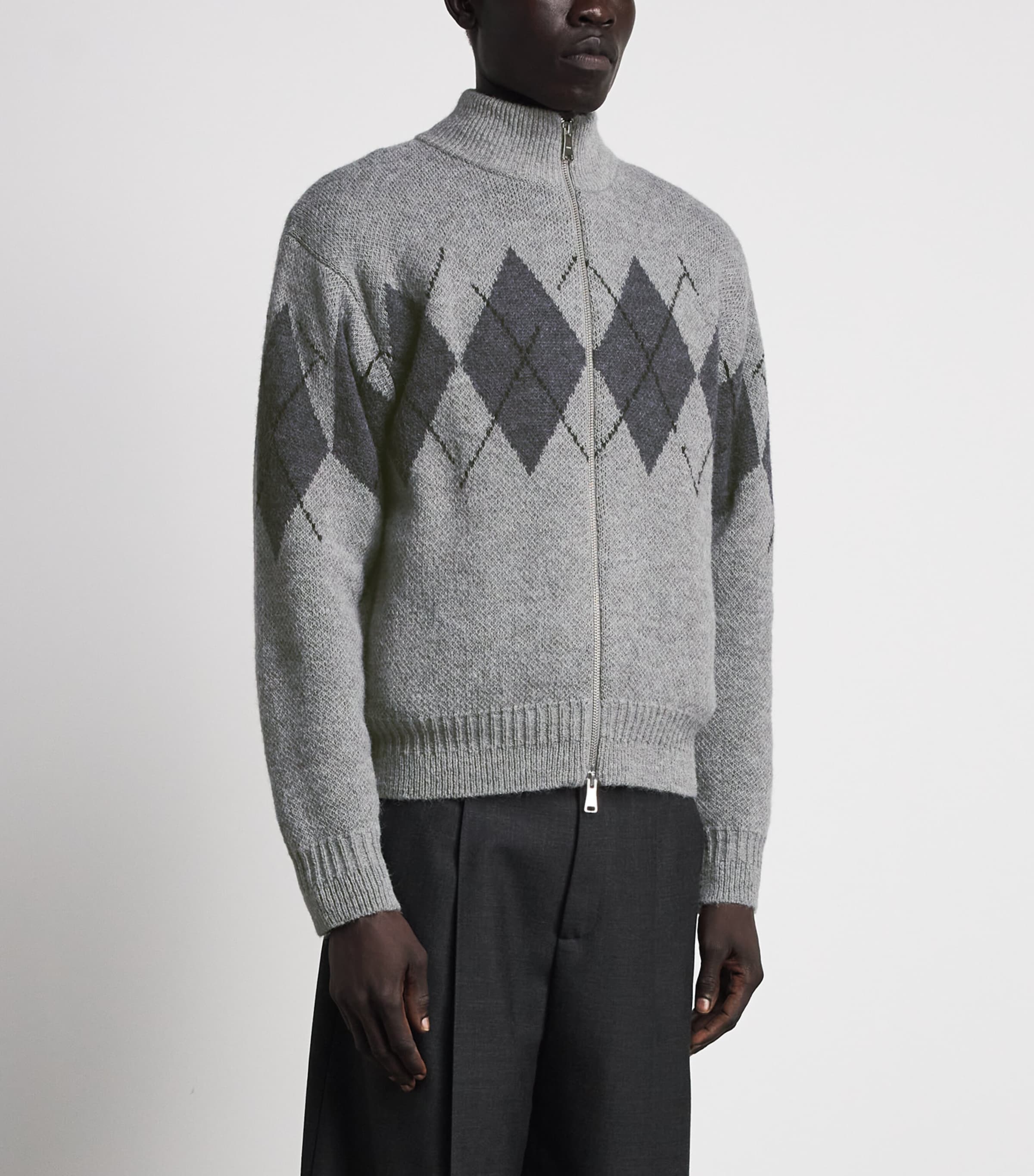 Coor Mens Argyle Zip-Up Sweater Melange Light Grey Image 4