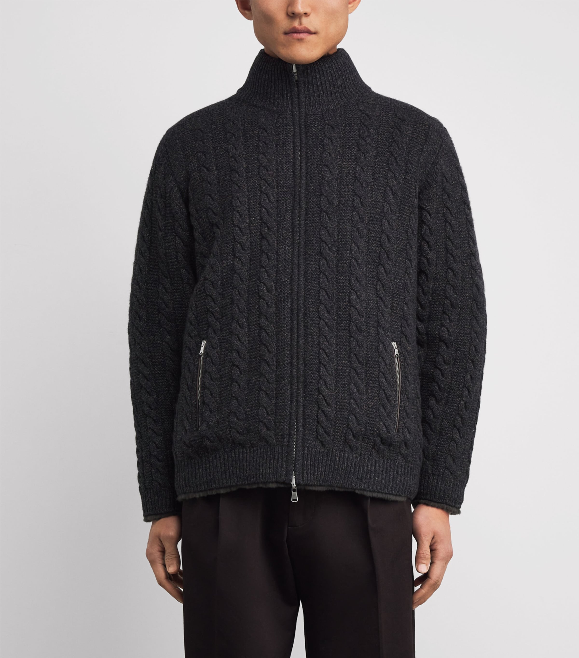 Cashmere Rex Fur-Trim Cable-Knit Aspen Cardigan GRANITE DARK BROWN Image 3