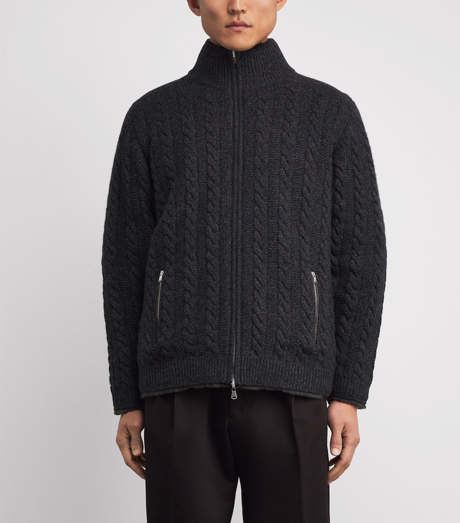 Cashmere Rex Fur-Trim Cable-Knit Aspen Cardigan GRANITE DARK BROWN Image 3