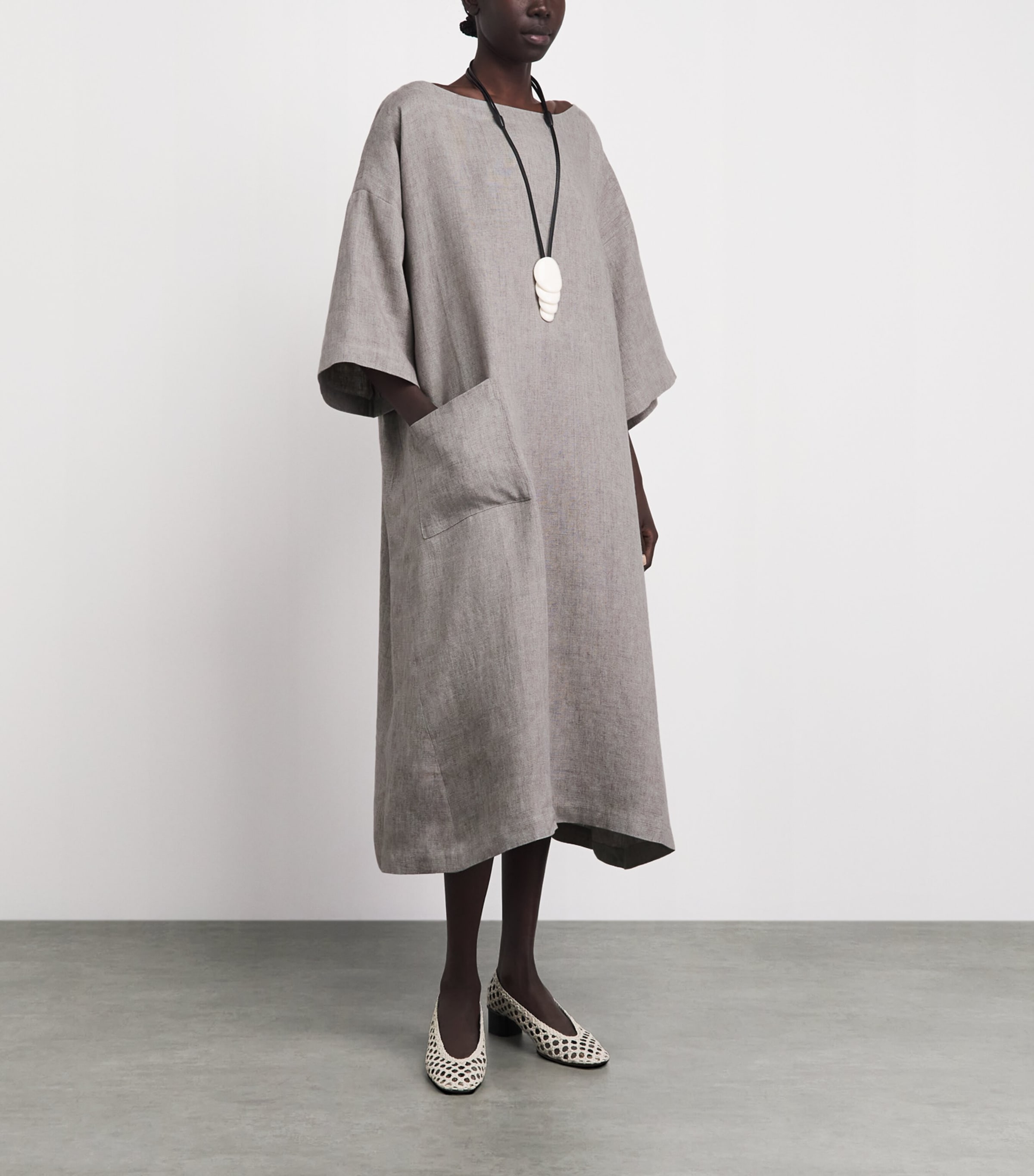Eskandar Womens Linen Boat-Neck Midi Dress Stone Image 2