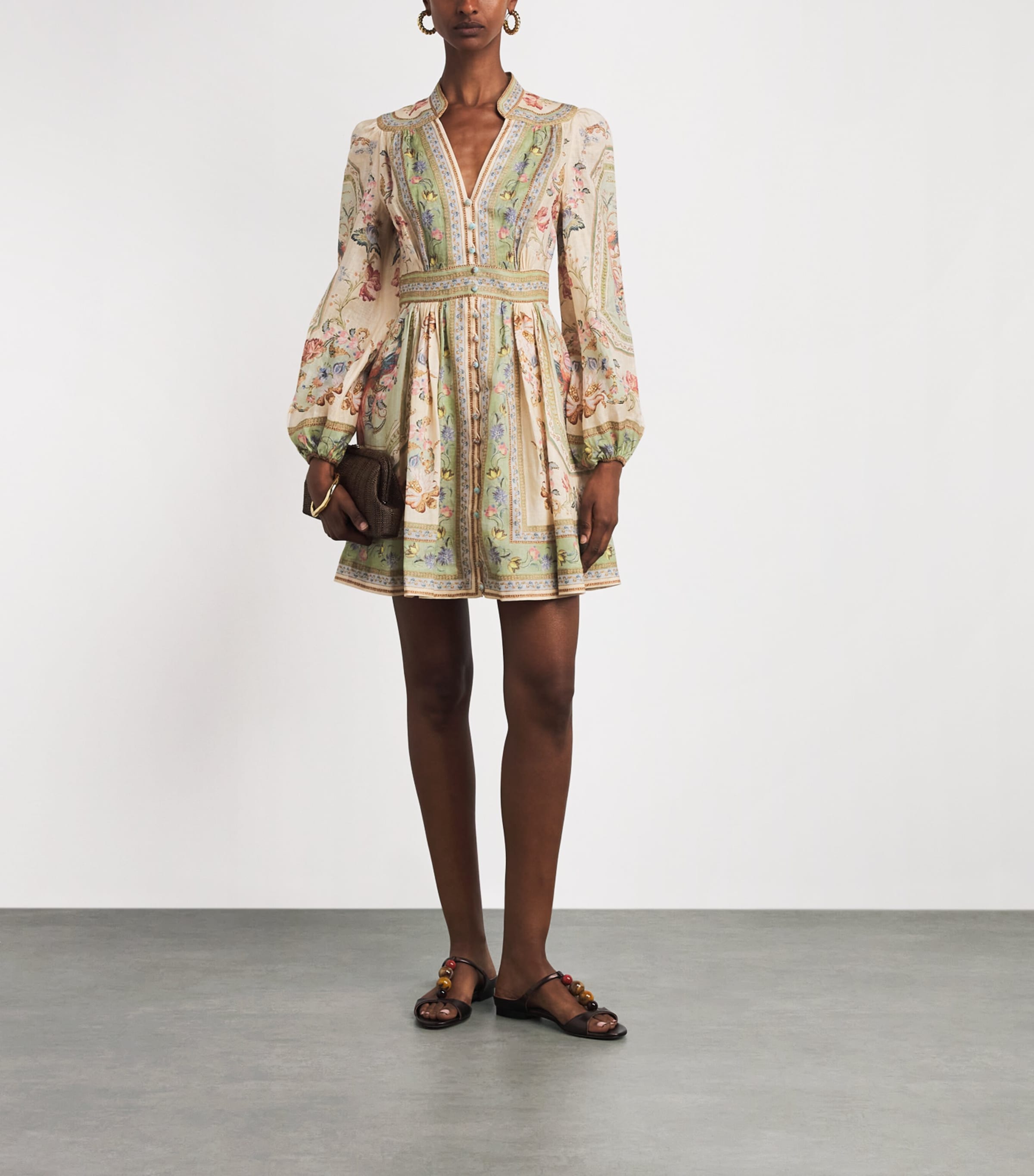 Zimmermann Womens Linen Roselight Plunge Mini Dress Satf Sge Tpstry Flrl Image 2