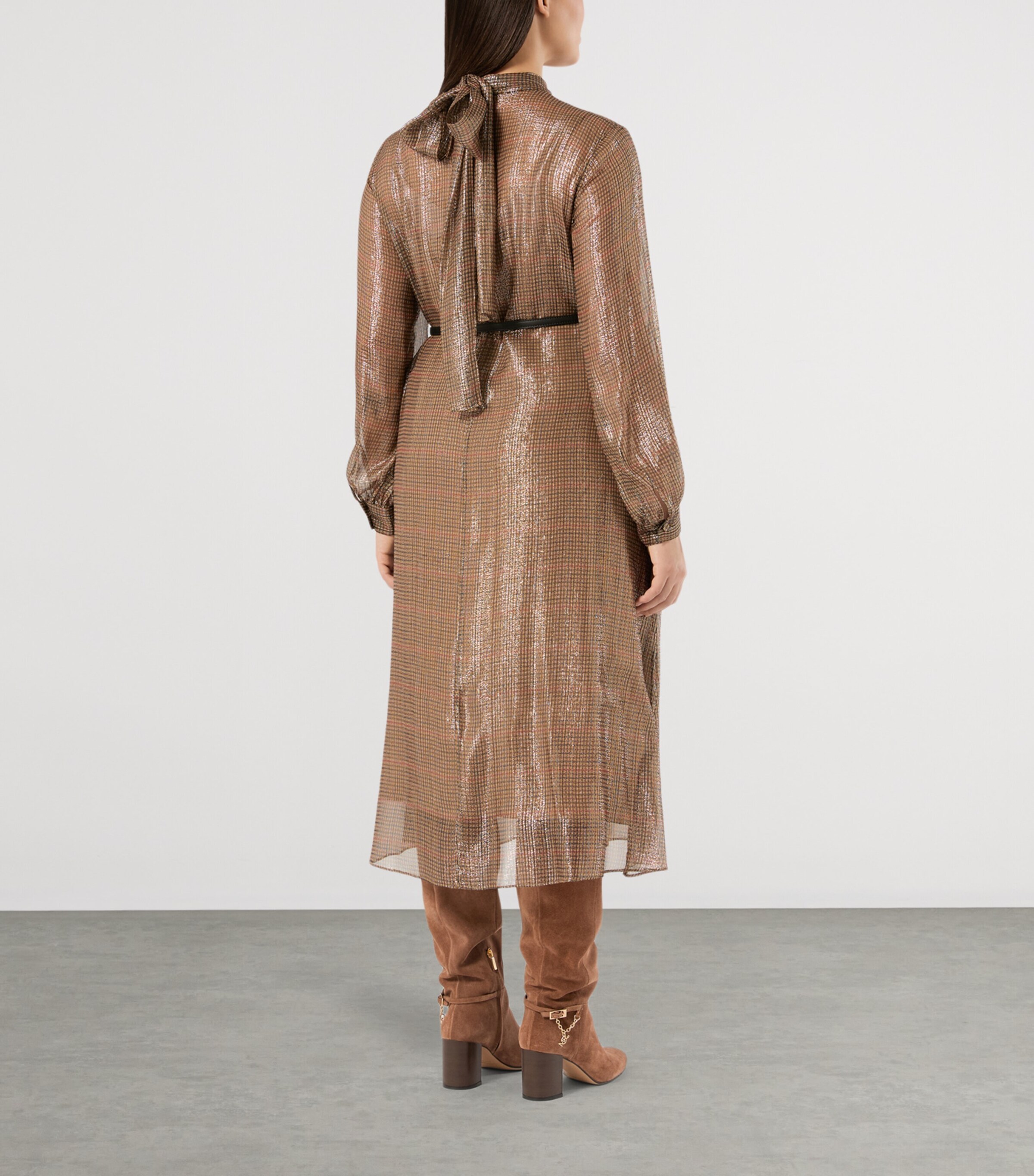 Marina Rinaldi Silk-Blend Metallic Tartan Midi Dress Gold Camel Image 4