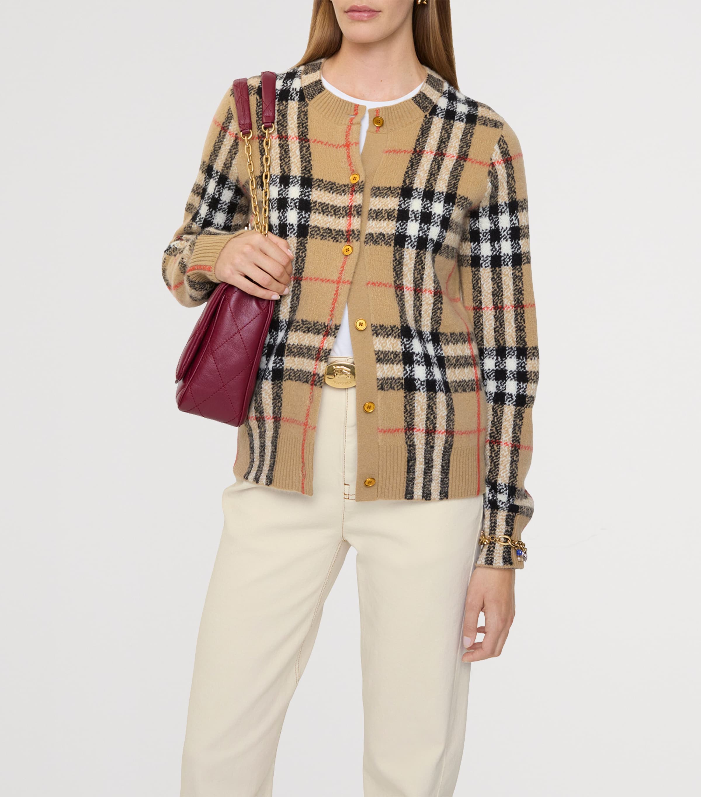 Burberry Womens Cashmere-Wool Check Cardigan Sand Ip Check Image 2