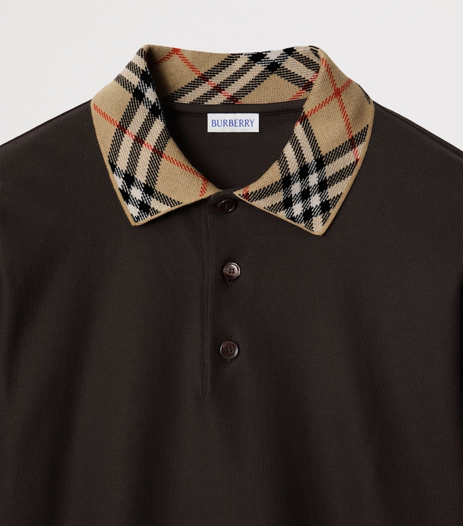 Cotton Check-Collar Long-Sleeve Polo Shirt CLOVE BROWN Image 4
