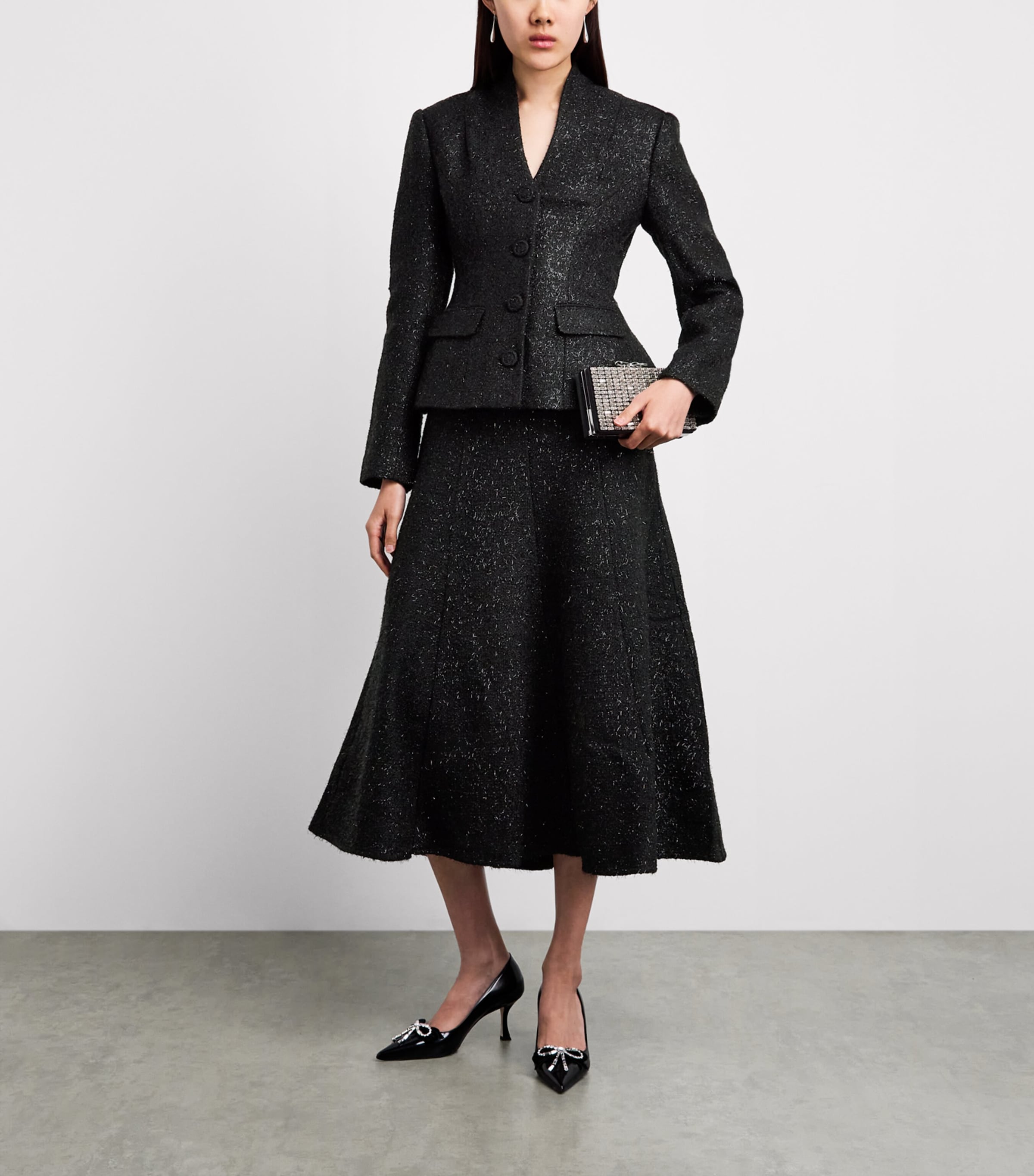 Self-Portrait Womens Metallic Bouclé Midi Dress Black Image 2