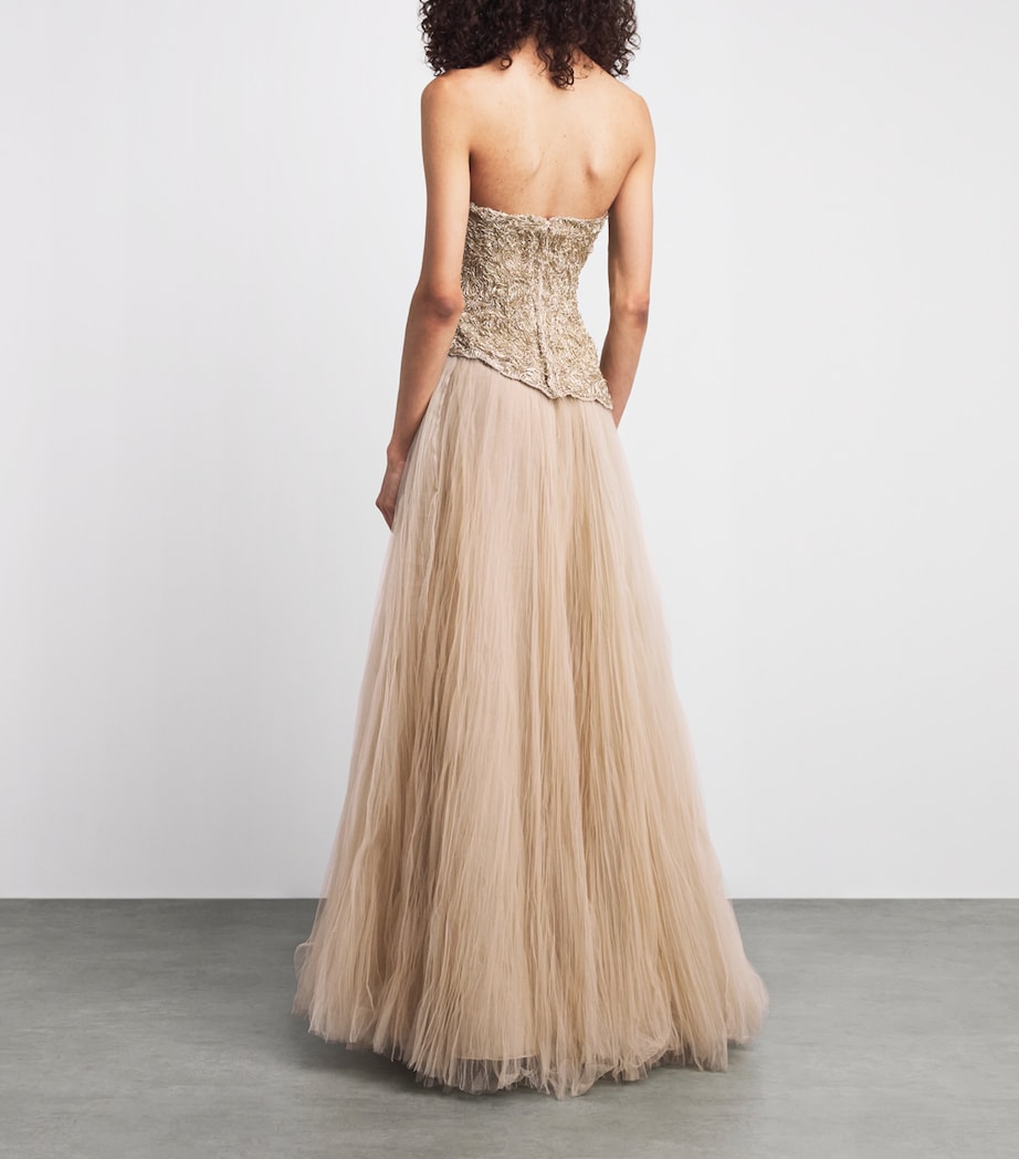 Marmar Halim Womens Tulle Strapless Gown Gold Image 4