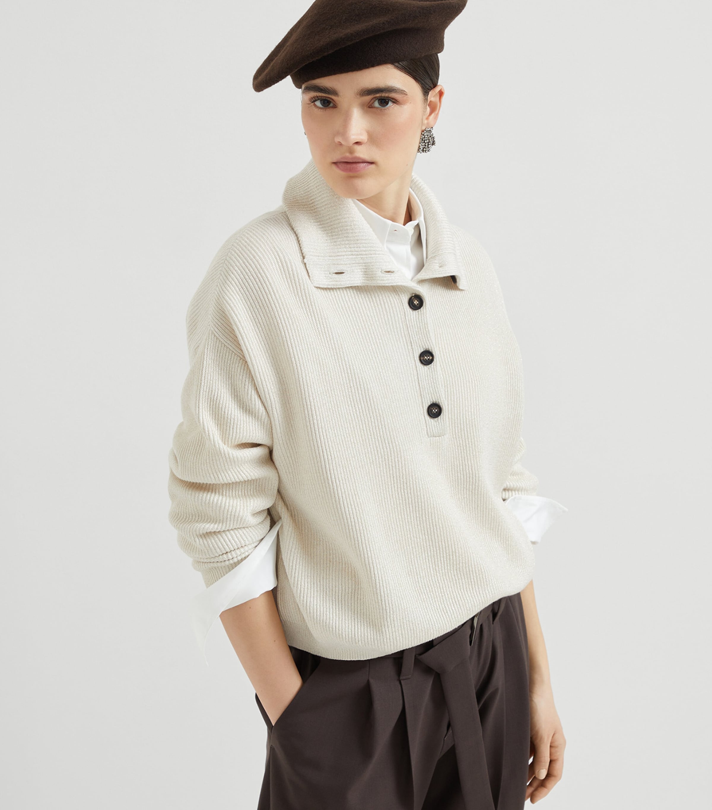 BRUNELLO CUCINELLI アイボリー セーター Mサイズ M~L相当 Brunello Cucinelli - Bark Brown Ribbed Cashmere Crewneck Sweater