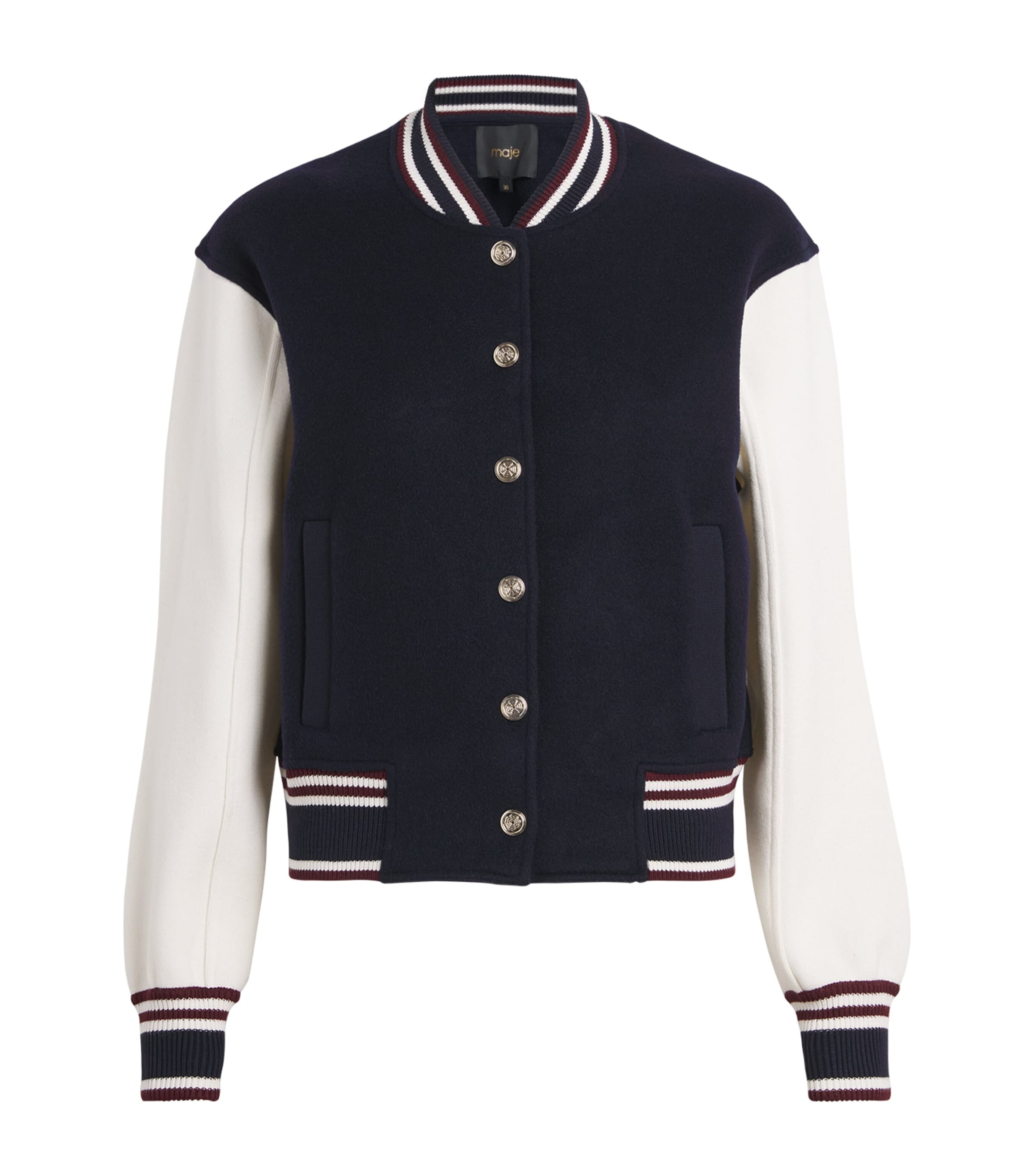 Maje Womens Navy Ribbed-collar Two-tone Wool Bomber Jacket In Black