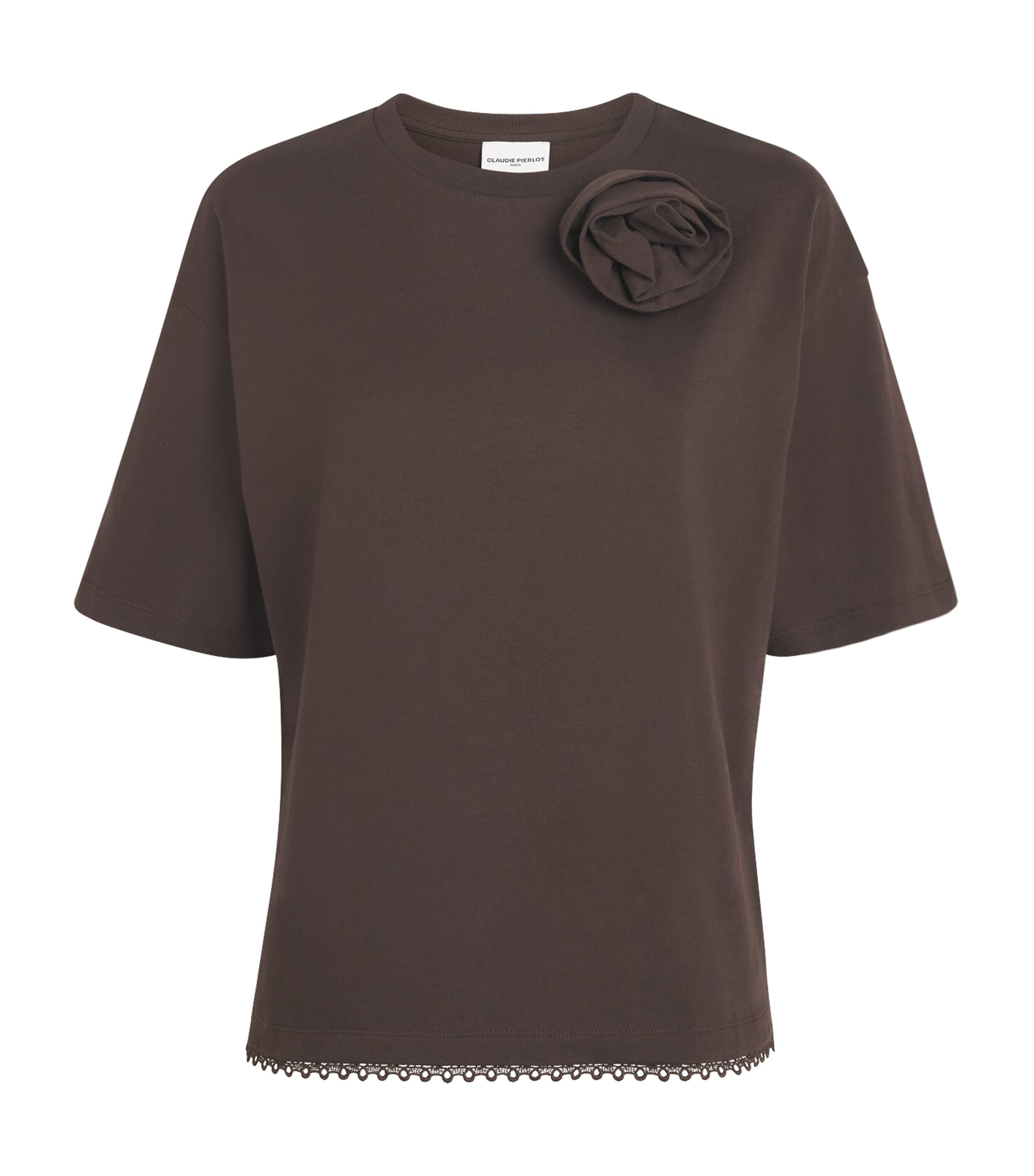 Claudie Pierlot Womens Cotton Floral-Appliqué T-Shirt Chocolate Image 1