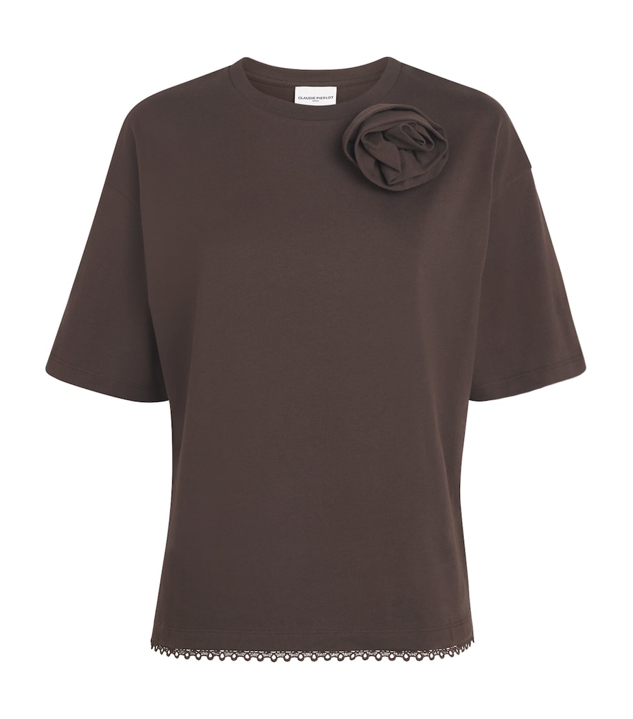 Claudie Pierlot Womens Cotton Floral-Appliqué T-Shirt Chocolate Image 1