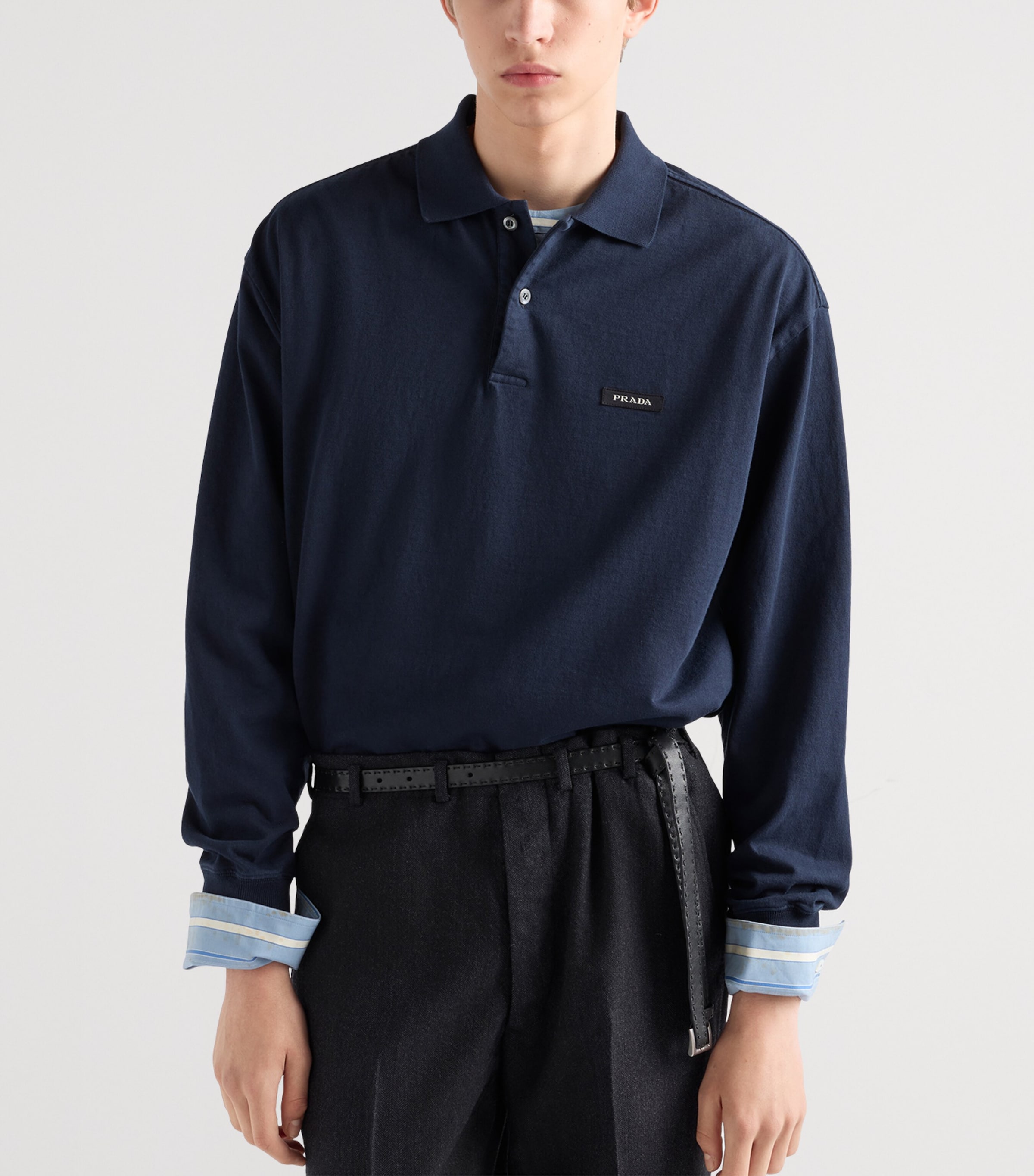 Prada Mens Cotton Long-Sleeve Polo Shirt Blue Image 4