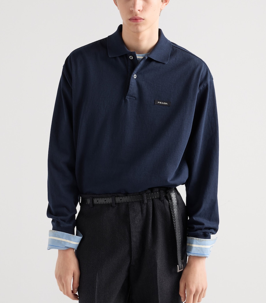 Prada Mens Cotton Long-Sleeve Polo Shirt Blue Image 4