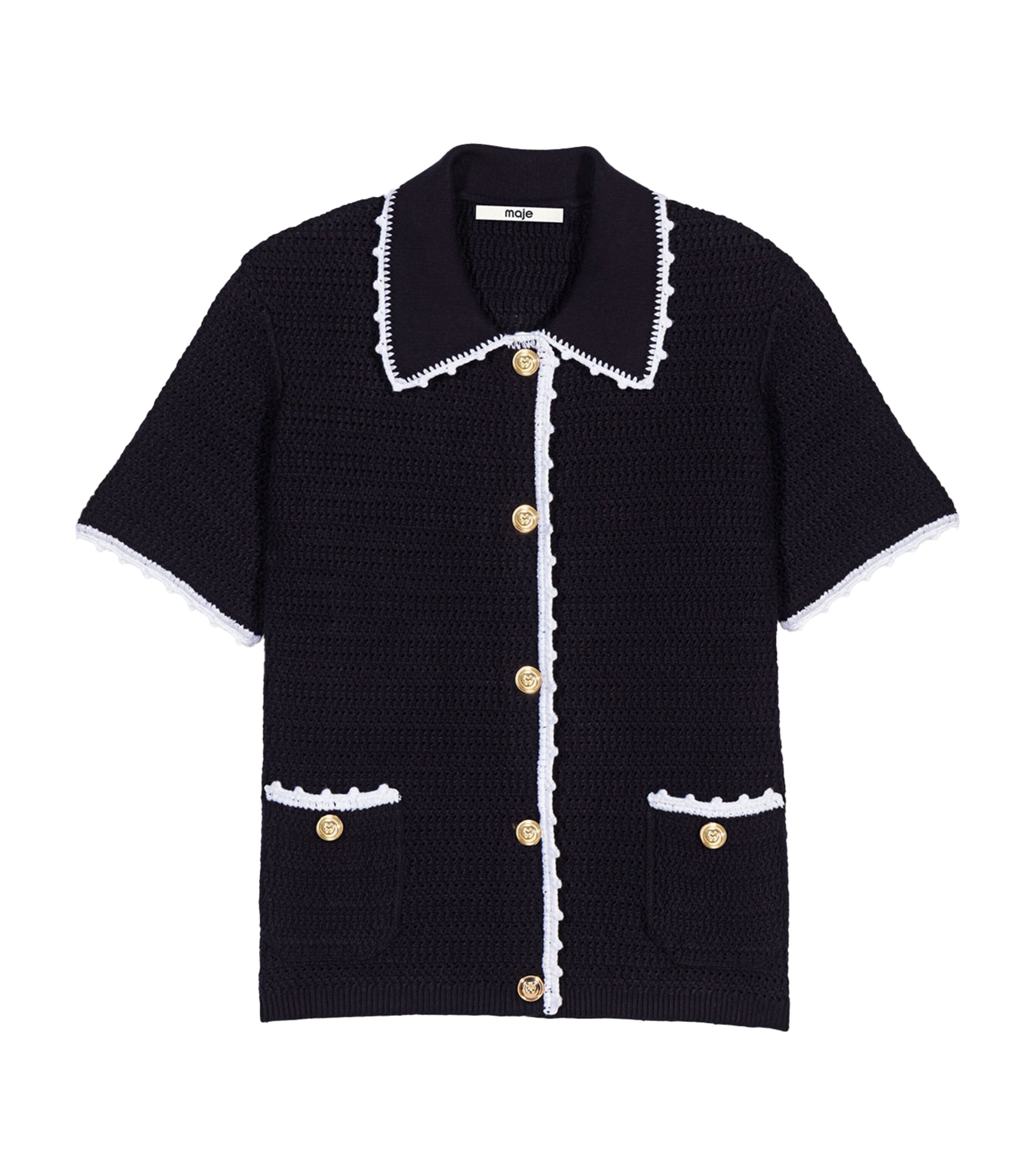 Maje Womens Textured Knit Short-Sleeve Cardigan Navy Image 1