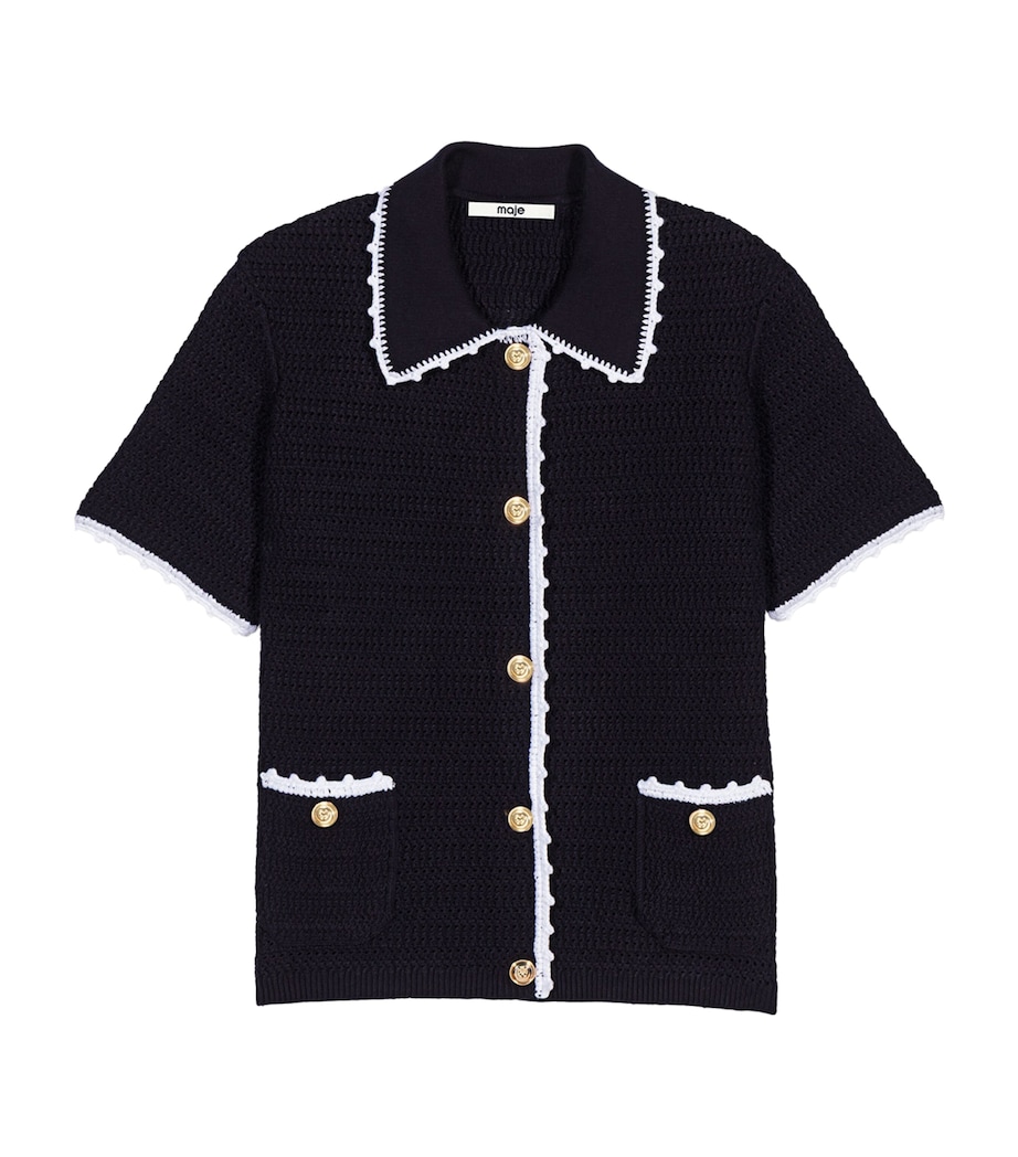 Maje Womens Textured Knit Short-Sleeve Cardigan Navy Image 1