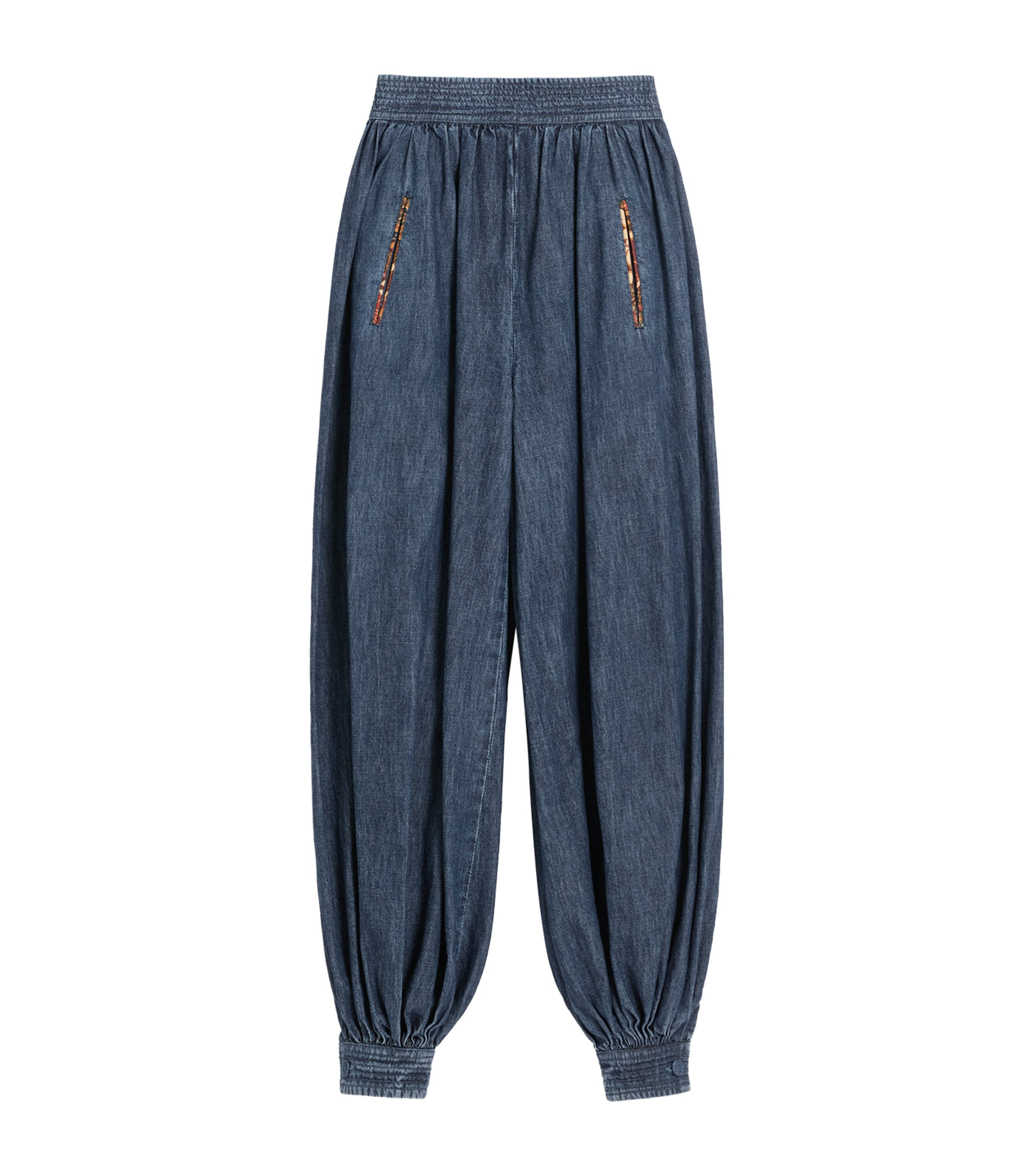 Valentino Tasseled Embroidered Chambray Tapered Pants In Blue