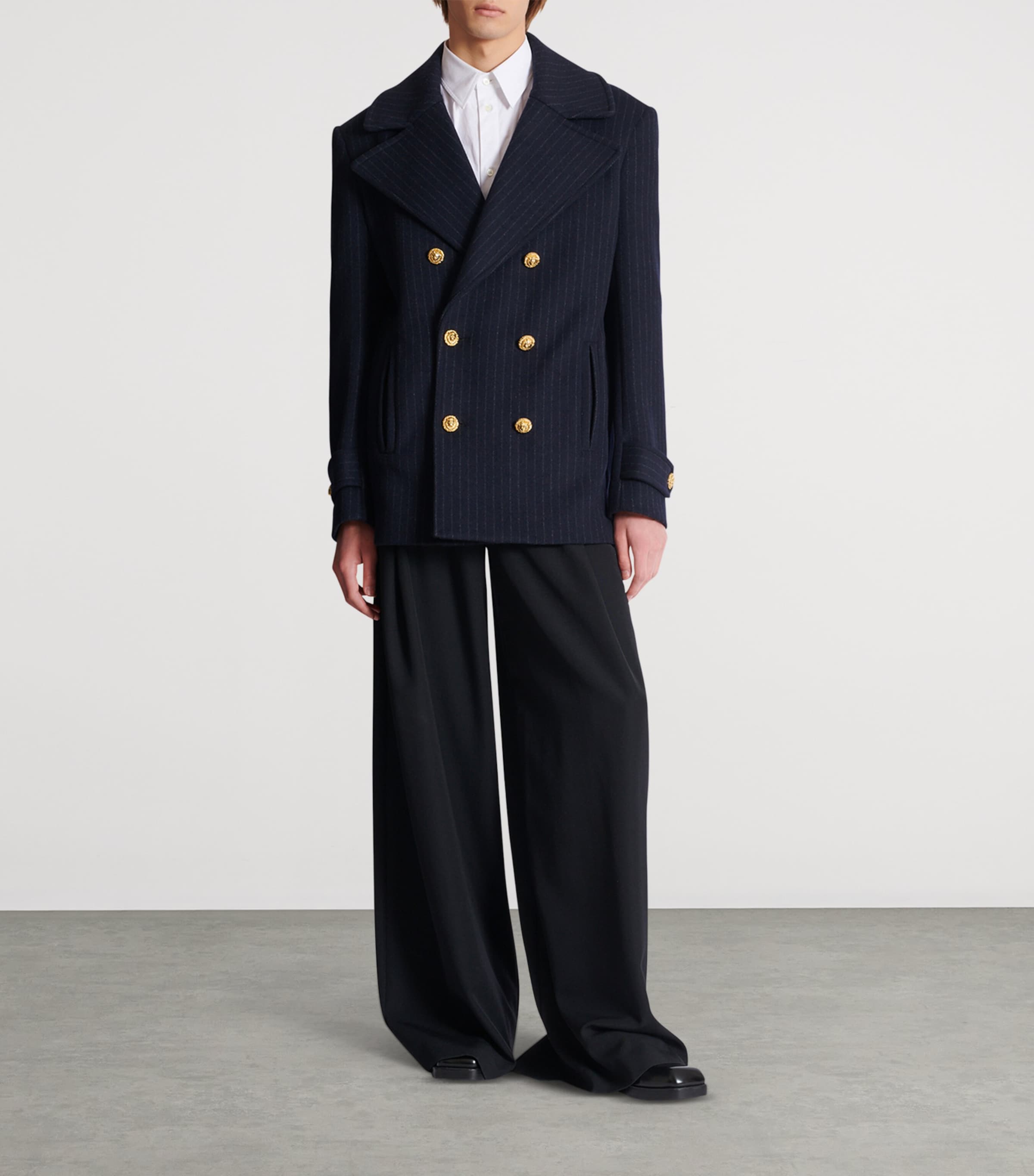 Merino Wool-Blend Stripe Pea Coat 6BO BLEU NUIT Image 7