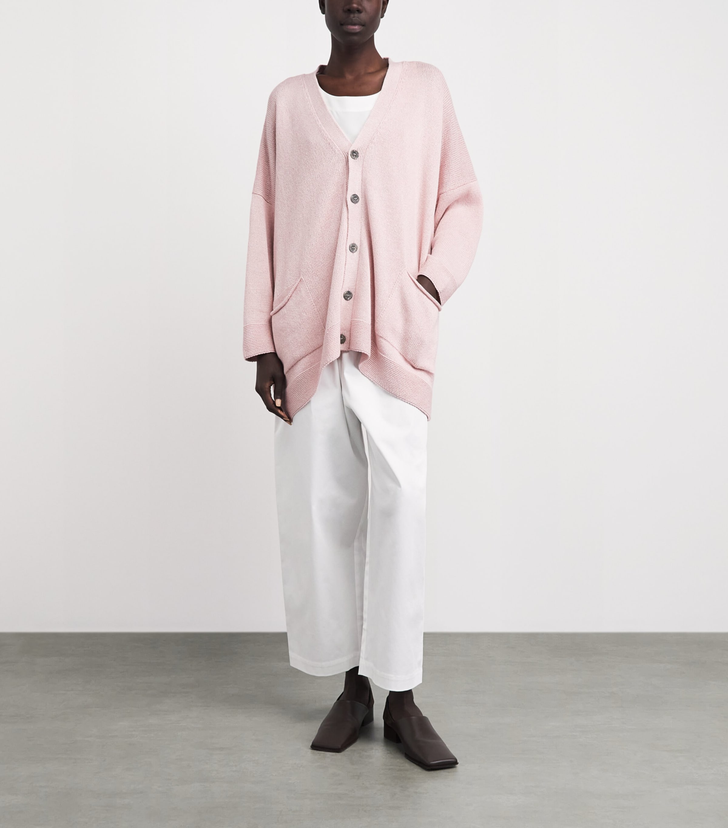 Eskandar Womens Linen-Organic Cotton V-Neck Cardigan Rosepowder Image 2