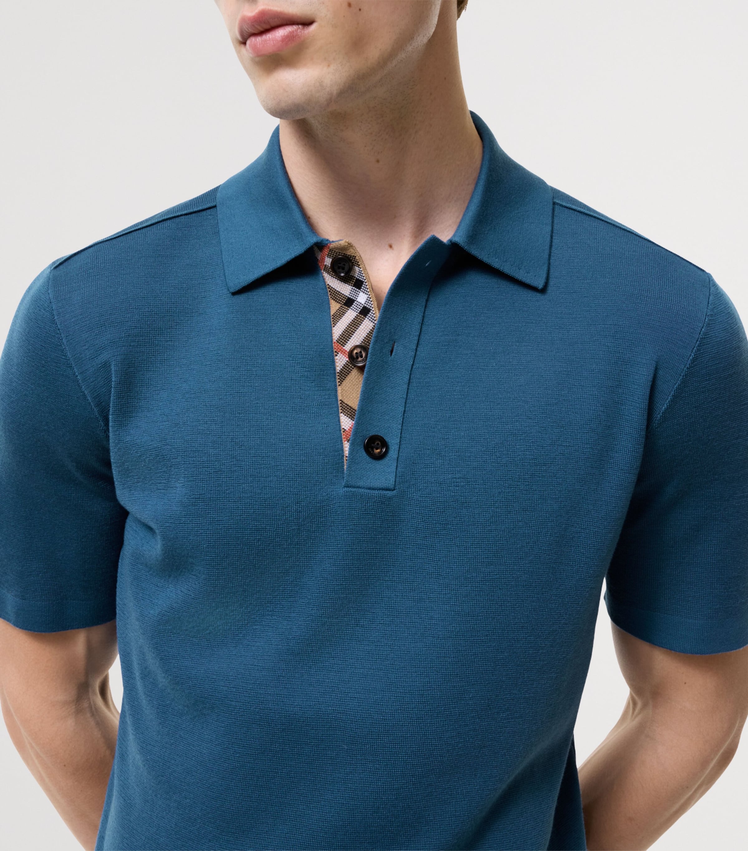 Burberry Mens Wool Check-Trim Polo Shirt Officers Blue Image 3