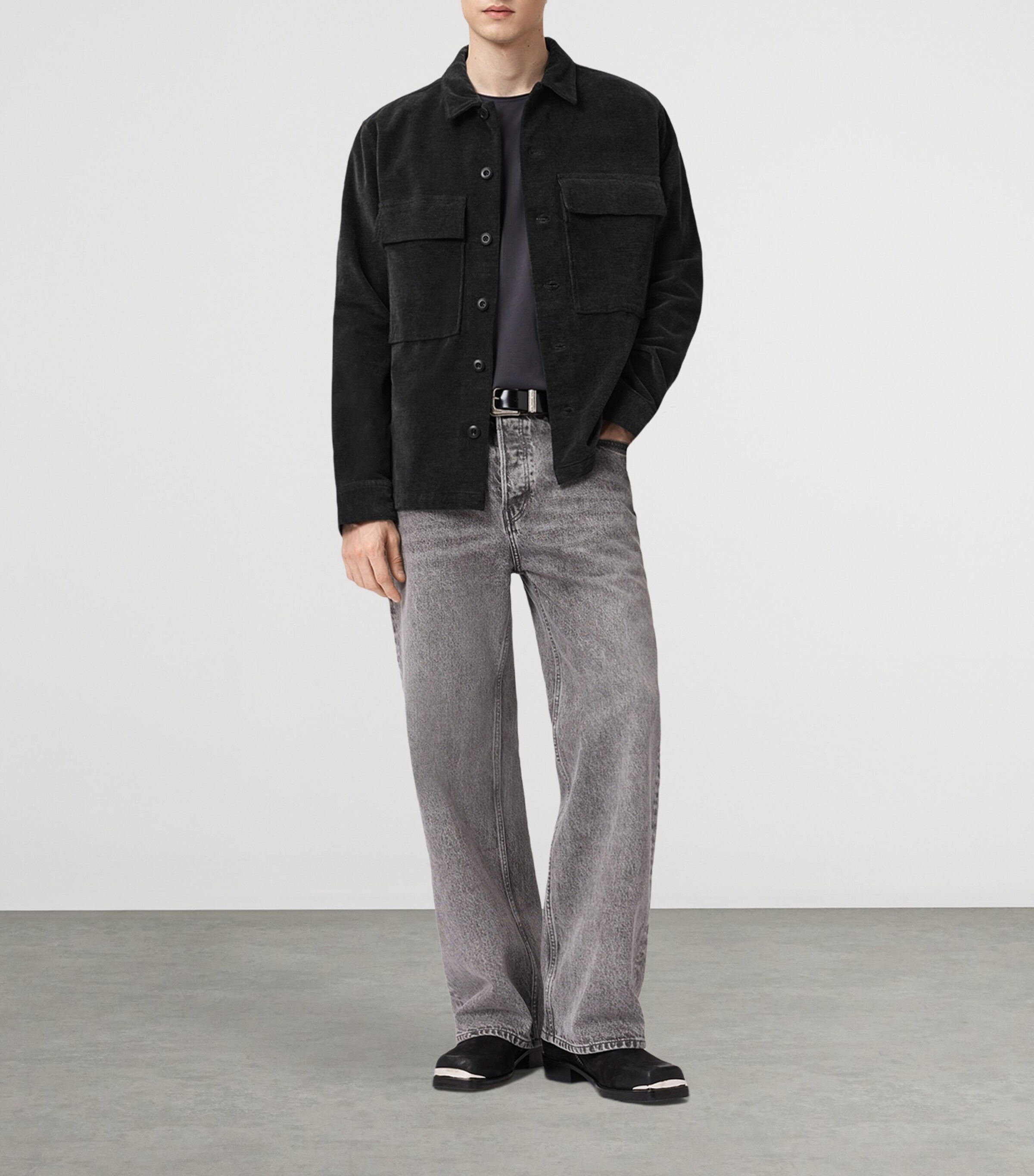 AllSaints Mens Corduroy Hawker Overshirt Faded Black Image 2