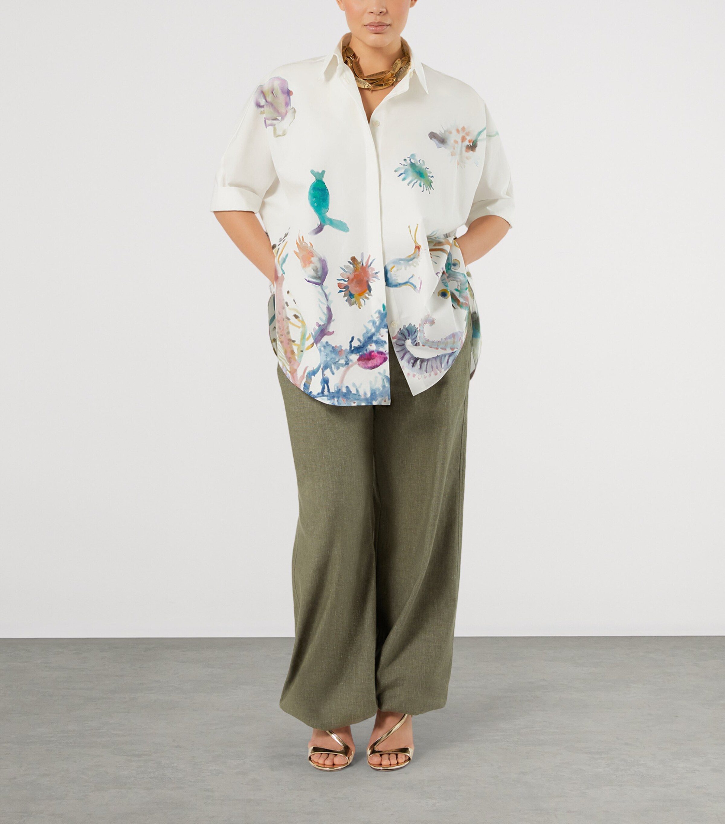 Marina Rinaldi Womens Cotton-Linen-Blend Wide-Leg Trousers Kaki Image 2