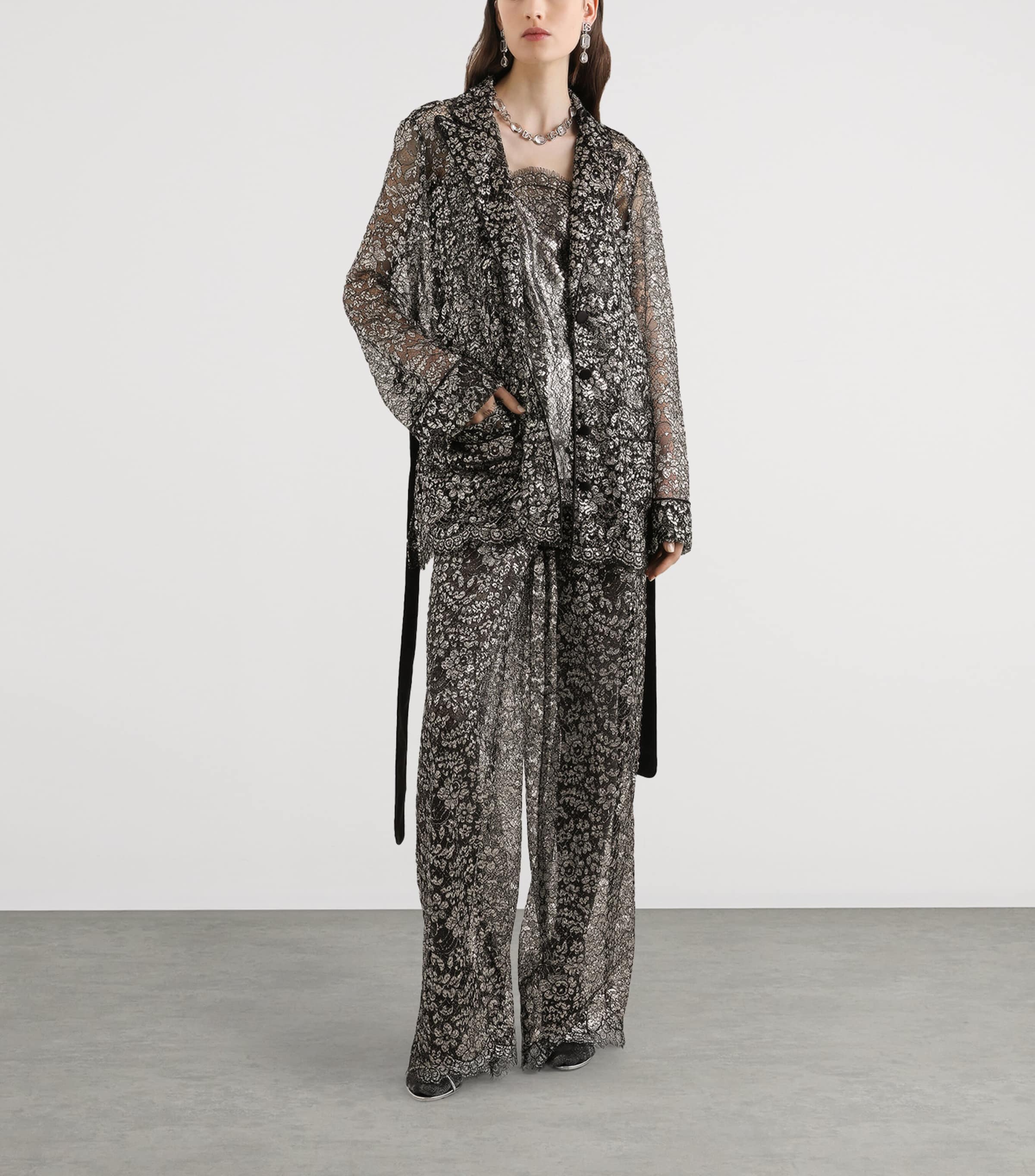 Lamé Lace Wide-Leg Trousers S0998-SILV Image 2