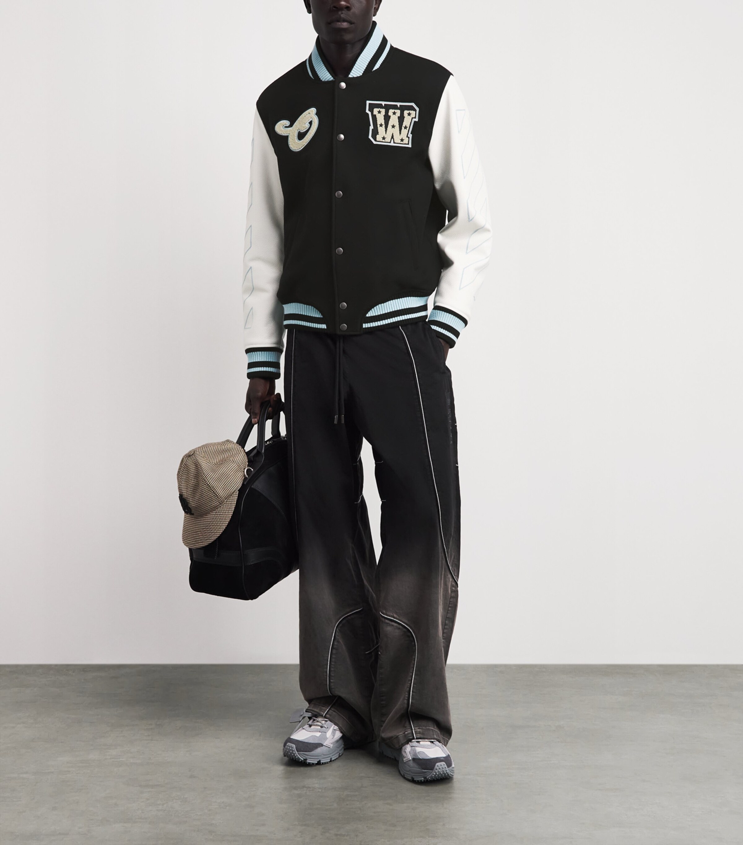 Off-White Mens Wool-Leather Logo Varsity Jacket Black Image 2