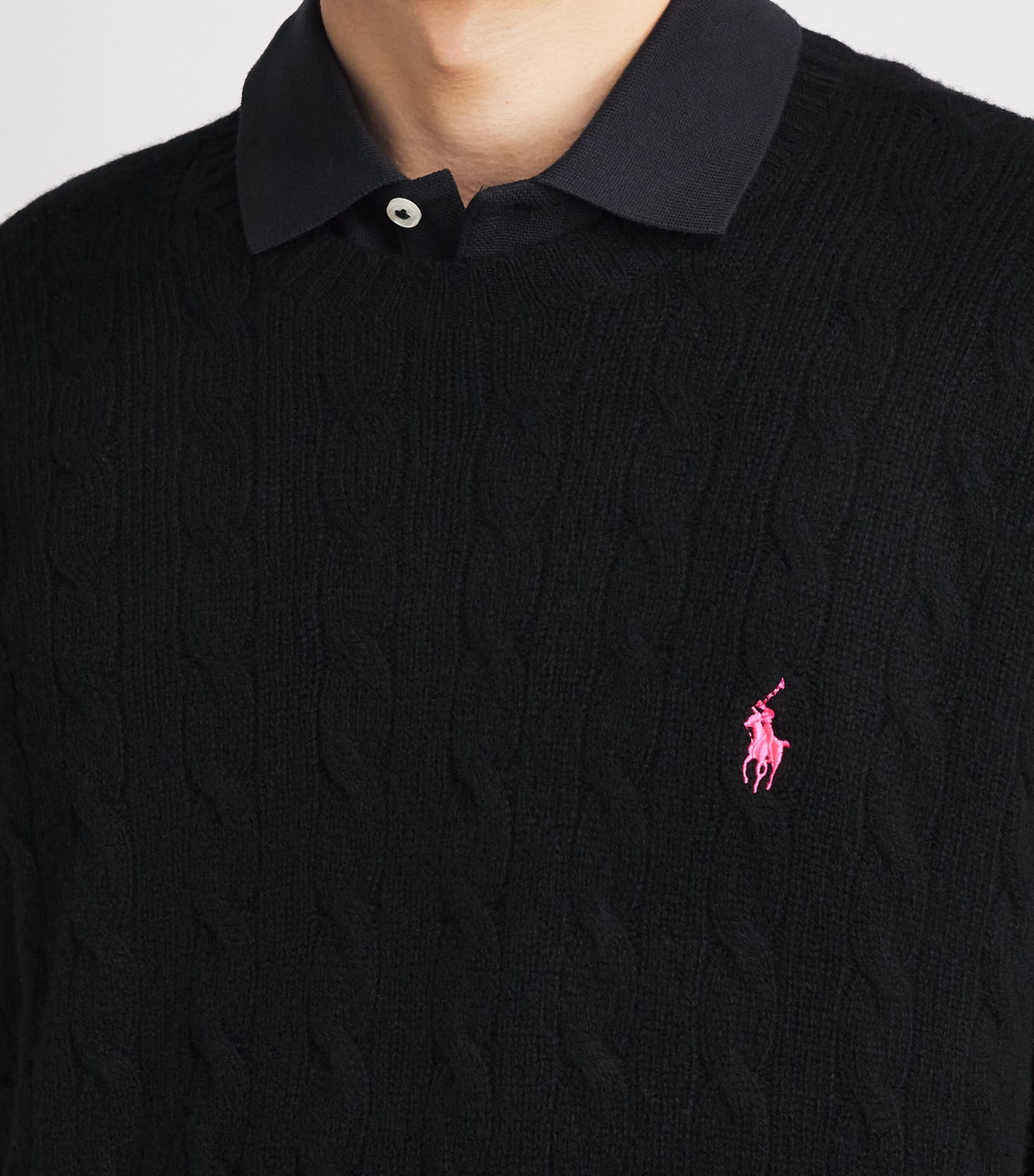 Polo Ralph Lauren Mens Wool-Cashmere Pink Pony Cable-Knit Sweater Polo Black Image 3