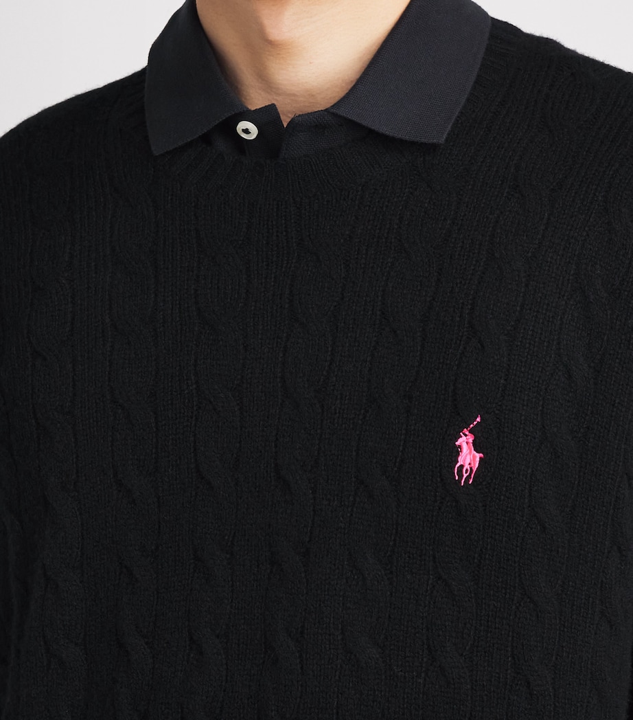 Polo Ralph Lauren Mens Wool-Cashmere Pink Pony Cable-Knit Sweater Polo Black Image 3