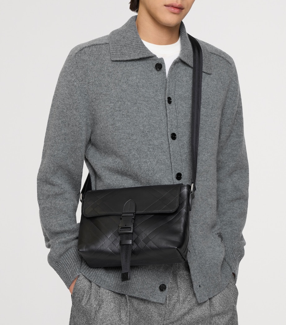 Small Leather Check-Embossed Messenger Bag BLACK Image 2