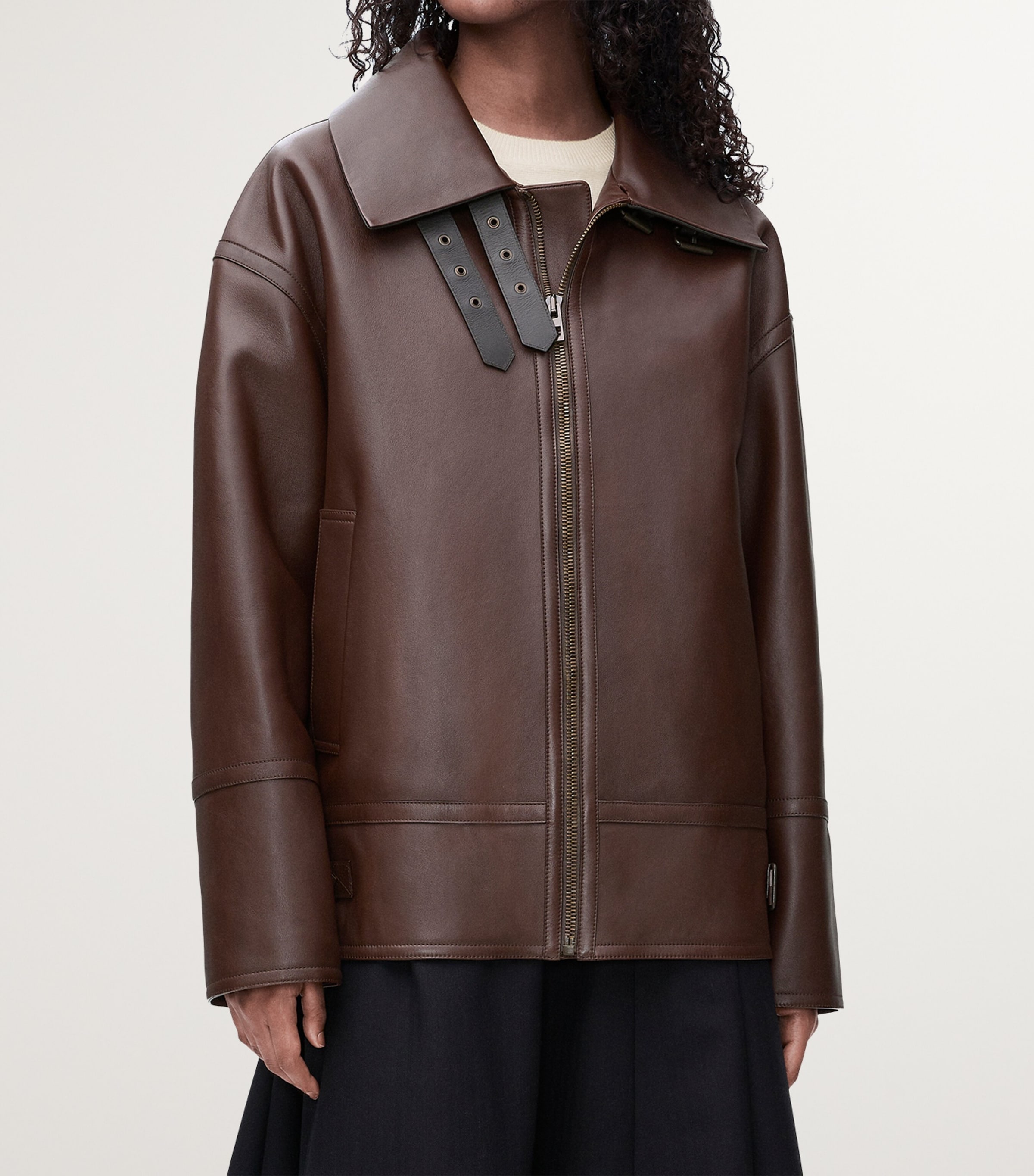 Leather Shearling-Collar Aviator Jacket CHOCOLATE BROWN Image 4
