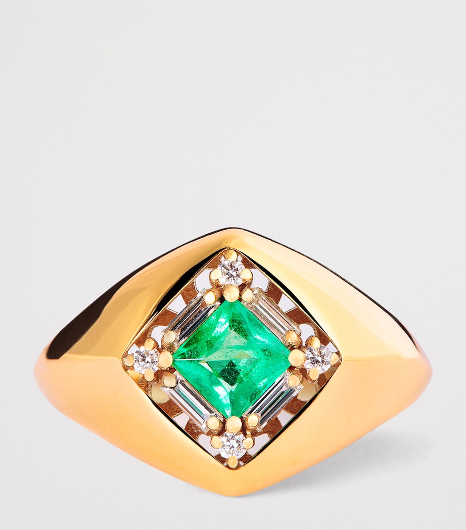 Yellow Gold, Diamond and Emerald Princess Diamond Signet Ring (Size 4.5) 18K YG/EMER Image 4