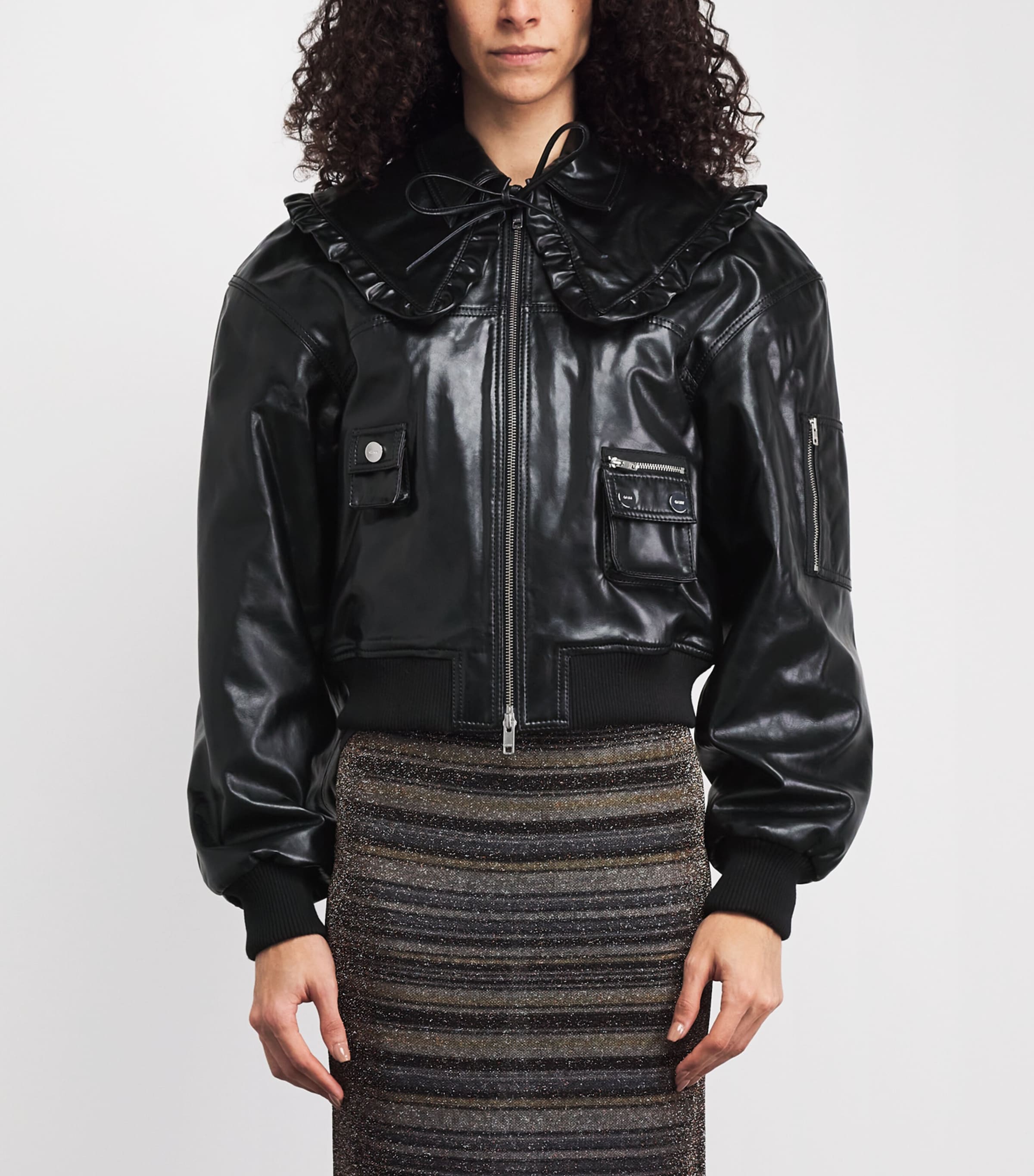 GANNI Womens Recycled Ruffled-Collar Leather Jacket Black Image 4