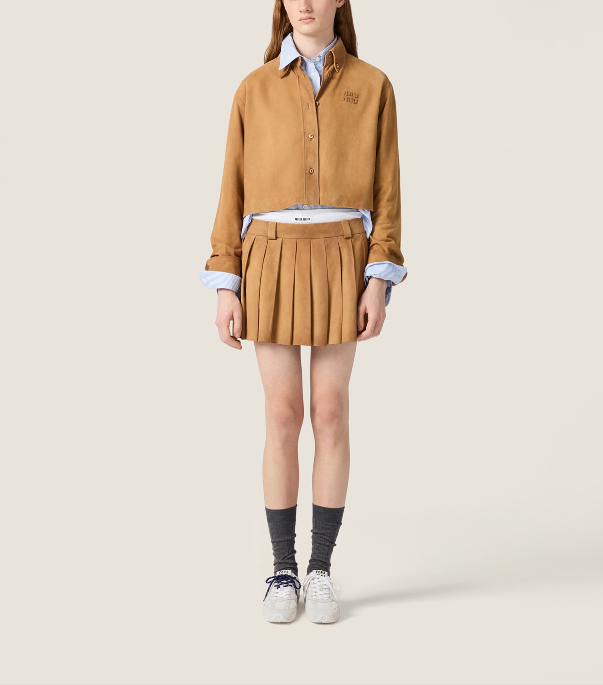 Miu Miu Womens Waxed Suede Cropped Shirt Neutral Image 2