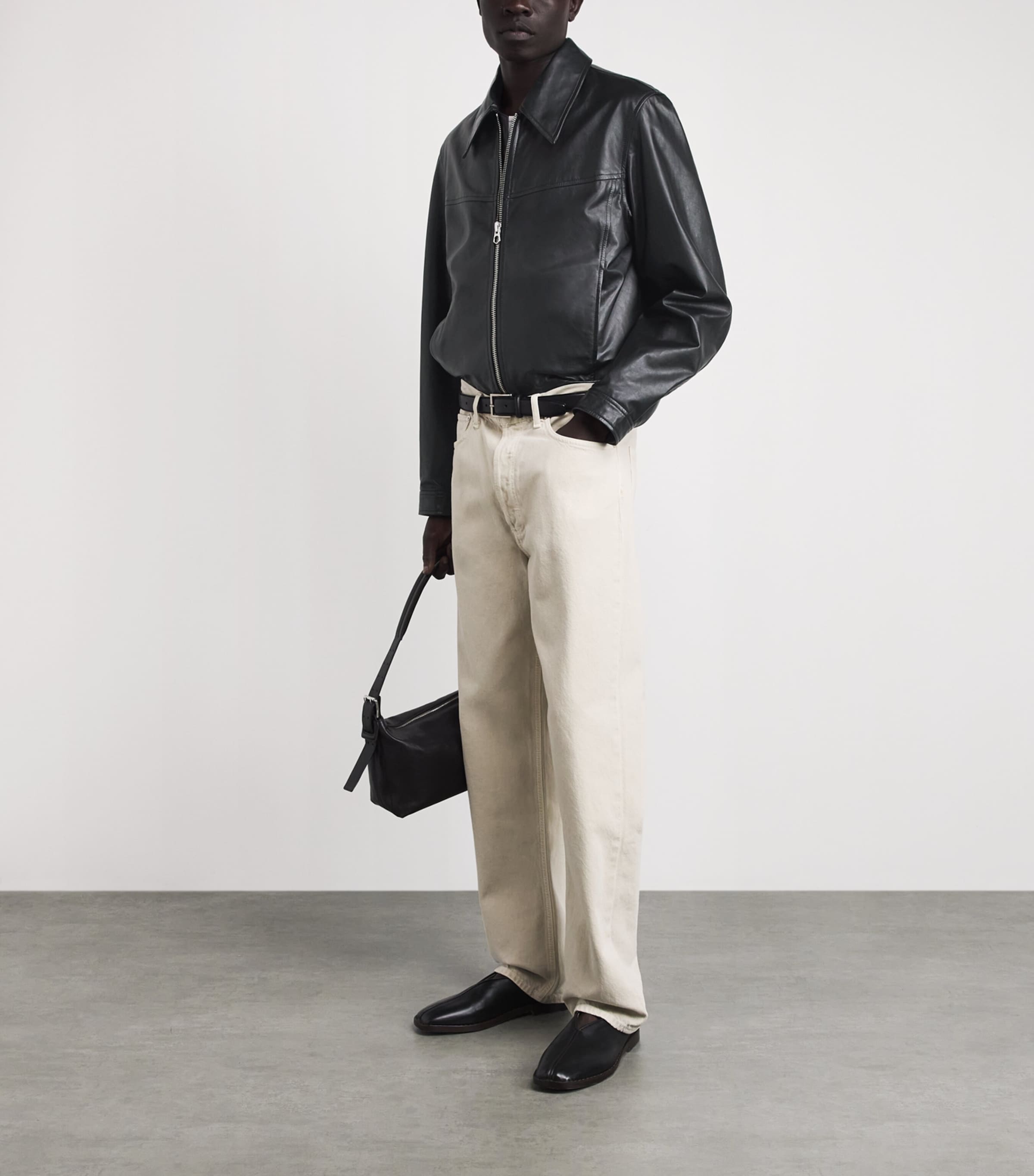 Lemaire Mens Waxed Leather Biker Jacket Black/ Image 2