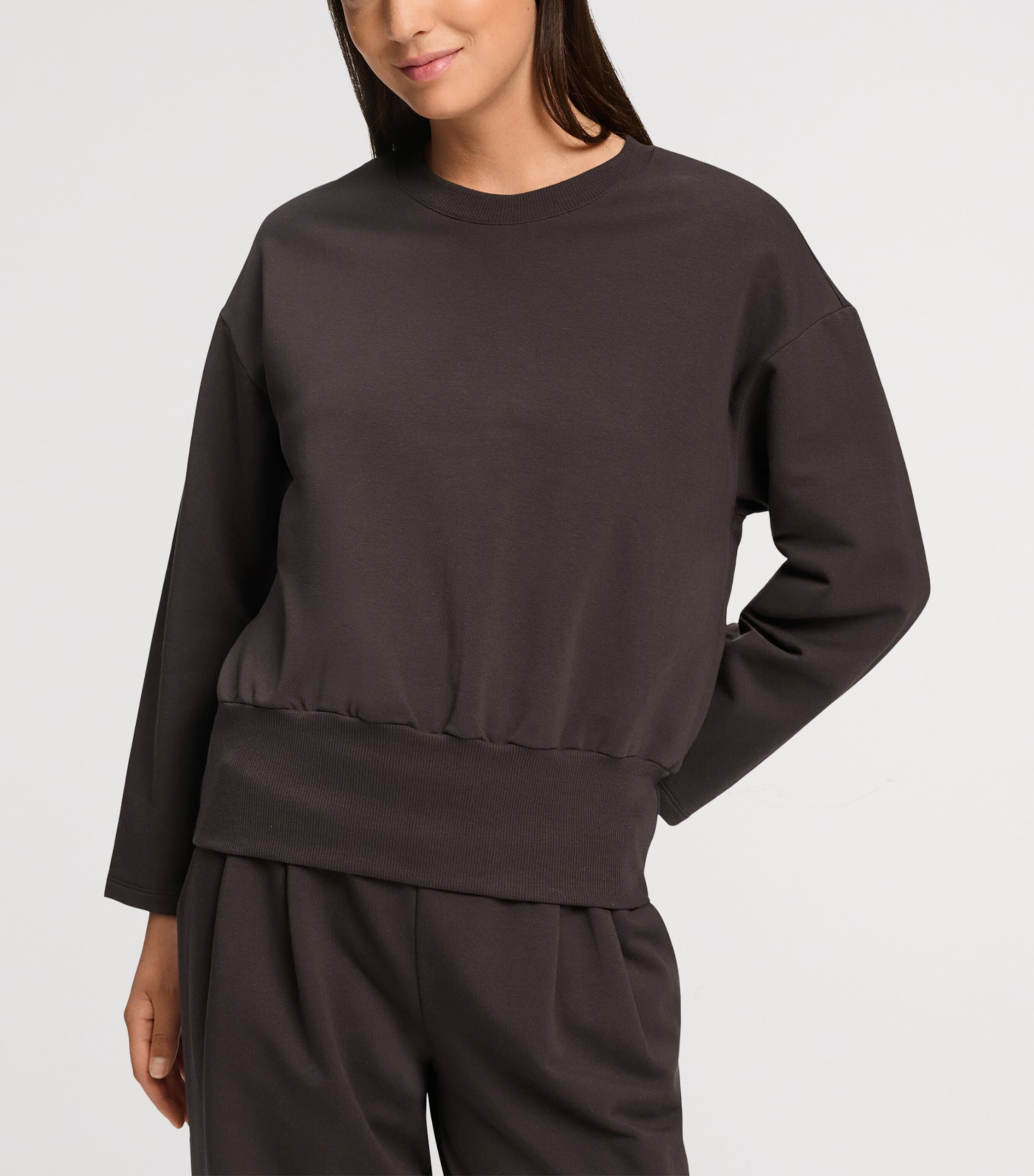 Hanro Womens Stretch-Cotton Natural Living Sweatshirt Dark Mocha Image 4