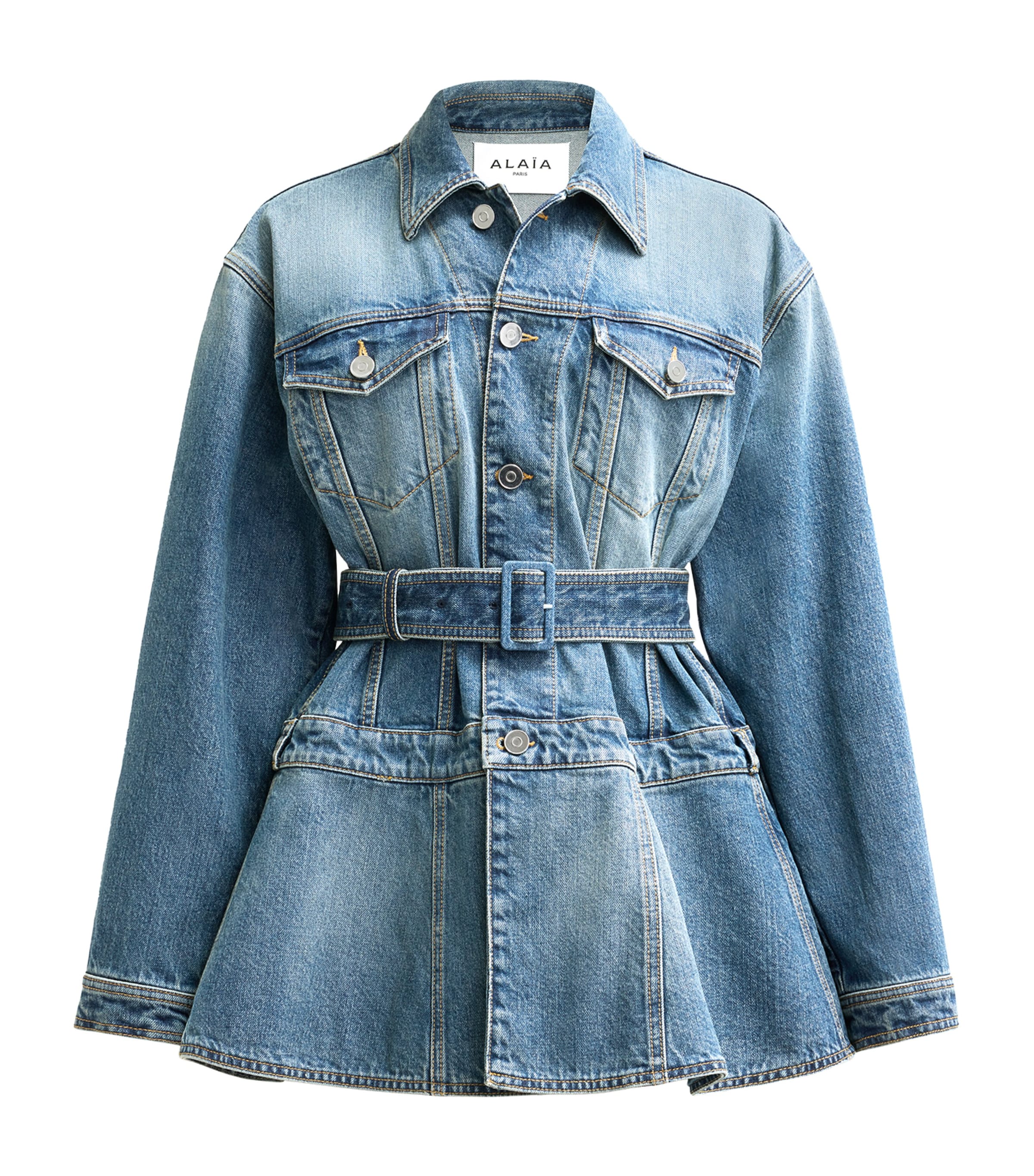 Shop Alaïa Denim Peplum Jacket In Blue