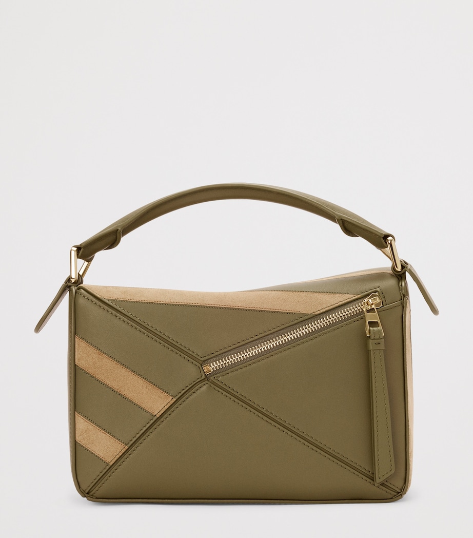 Small Leather-Suede Puzzle Top-Handle Bag OLIVE GOLD Image 4