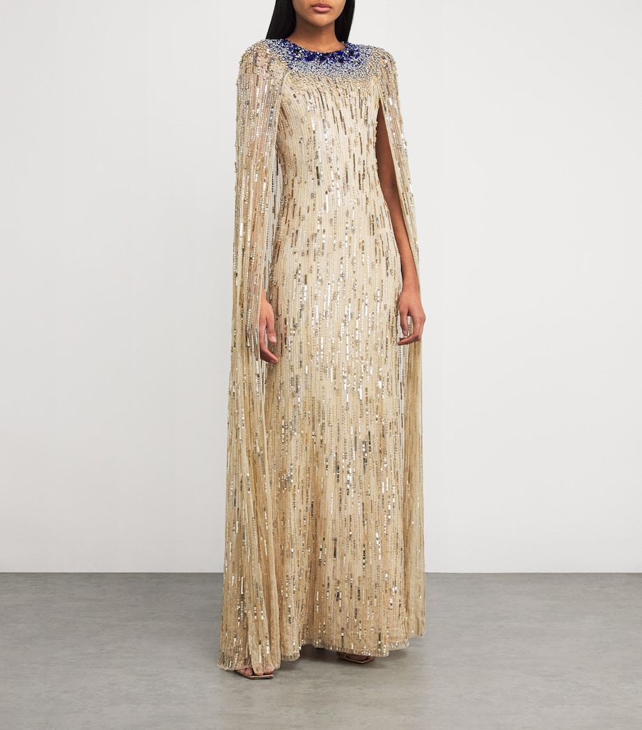 Jenny Packham Womens Embellished Cleo Crush Cape Gown Sandy Beach Image 2
