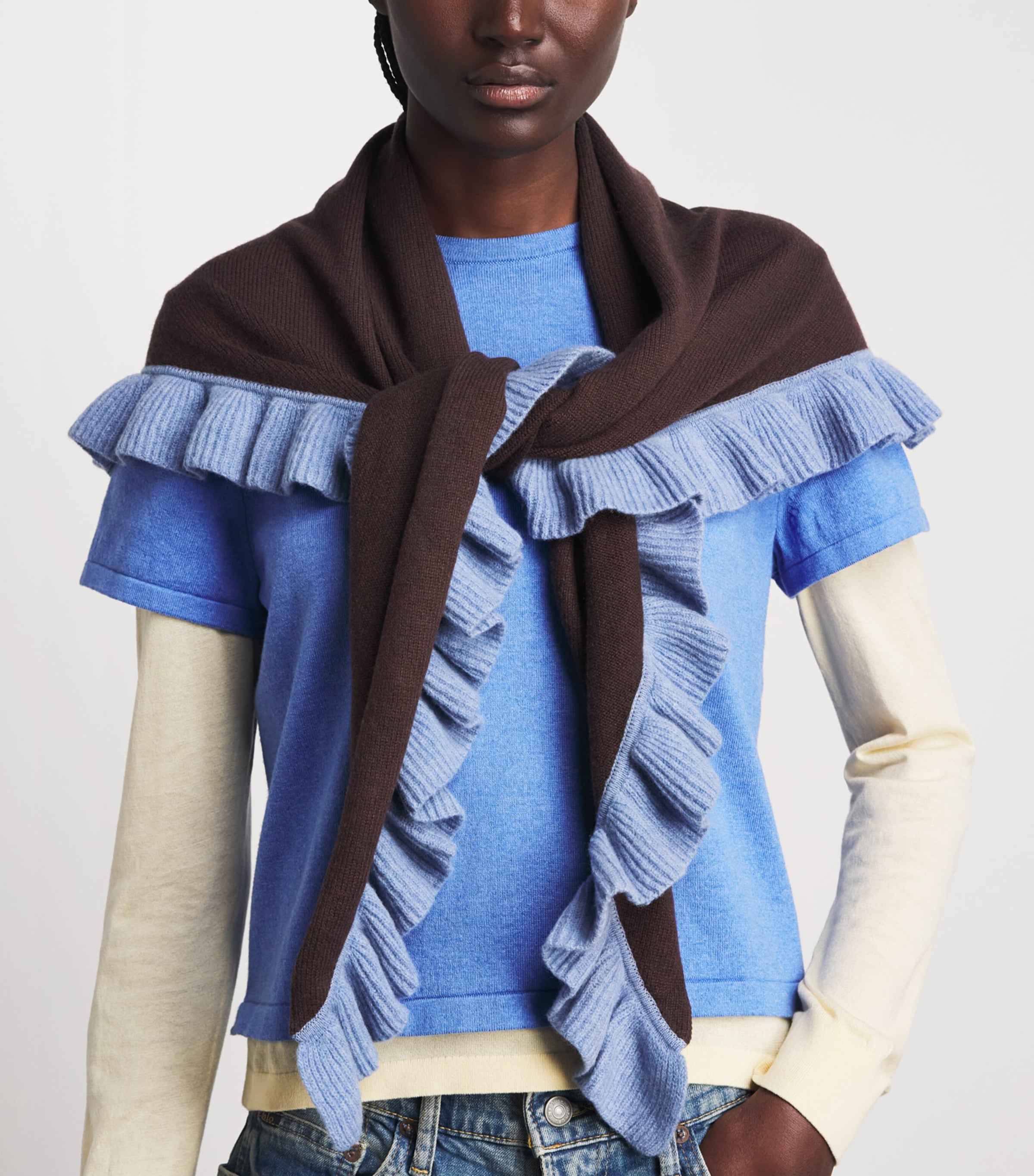 TBCO Merino Wool Triangle Scarf Brown Ruffle Image 2