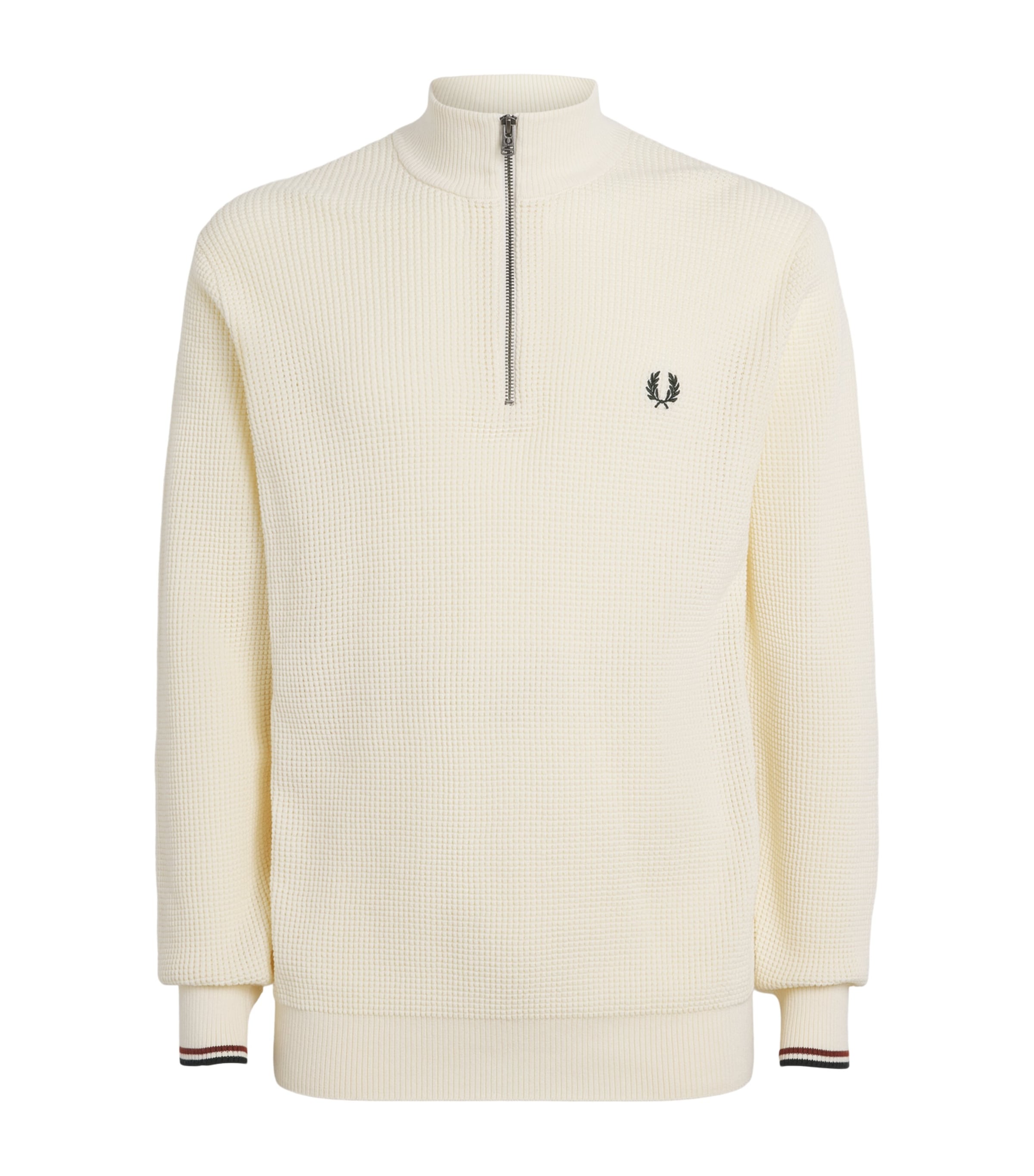 Fred Perry Mens Cotton Waffle-Knit Quarter-Zip Sweatshirt Ecru Image 1