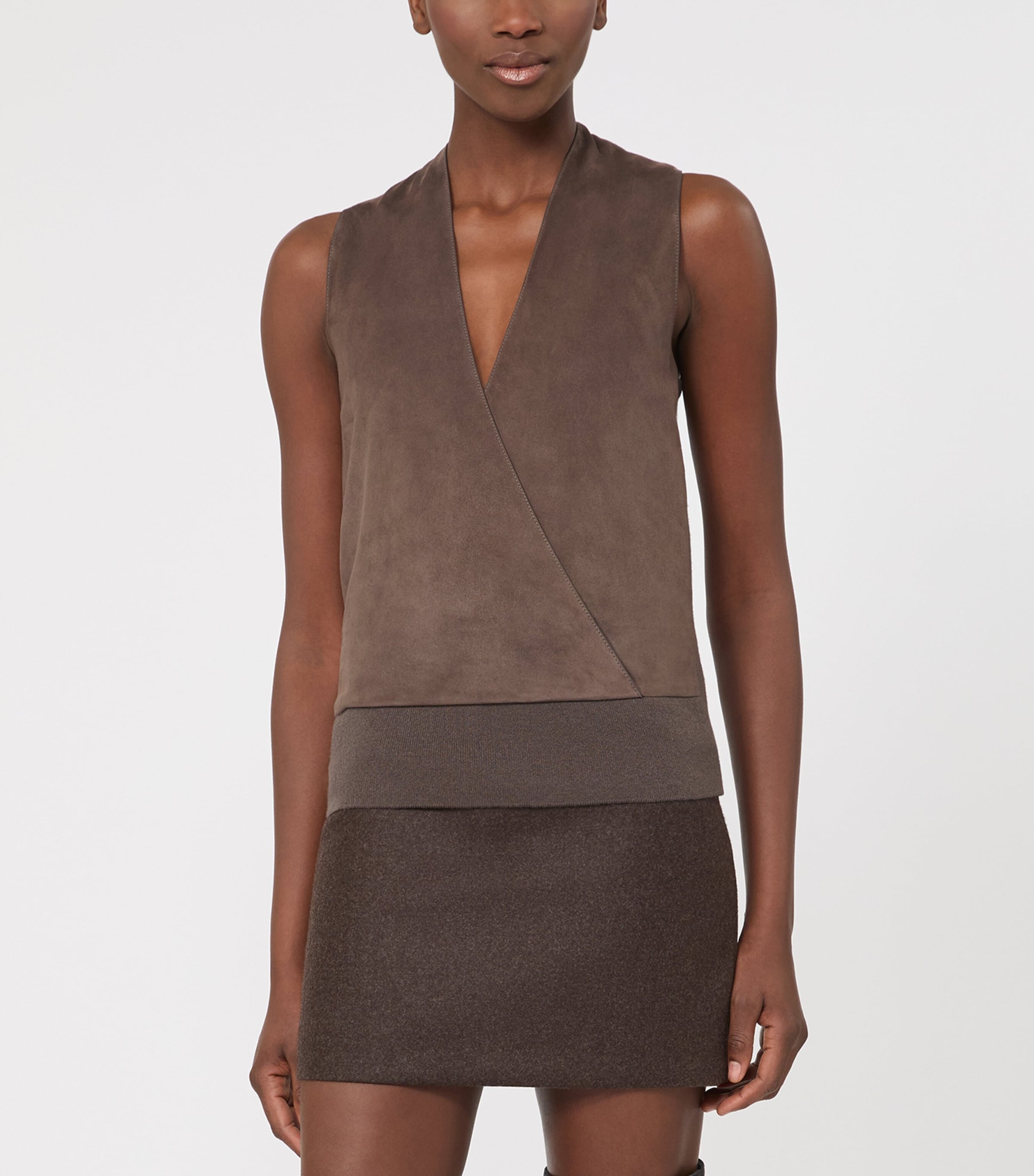 Max Mara Womens Wool-Cashmere-Lamb Suede Sleeveless Wrap Waistcoat Mud Image 2