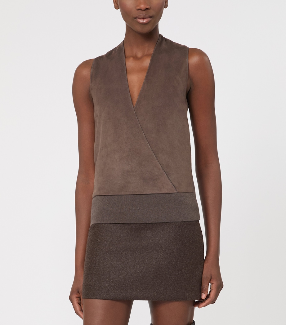 Max Mara Womens Wool-Cashmere-Lamb Suede Sleeveless Wrap Waistcoat Mud Image 2